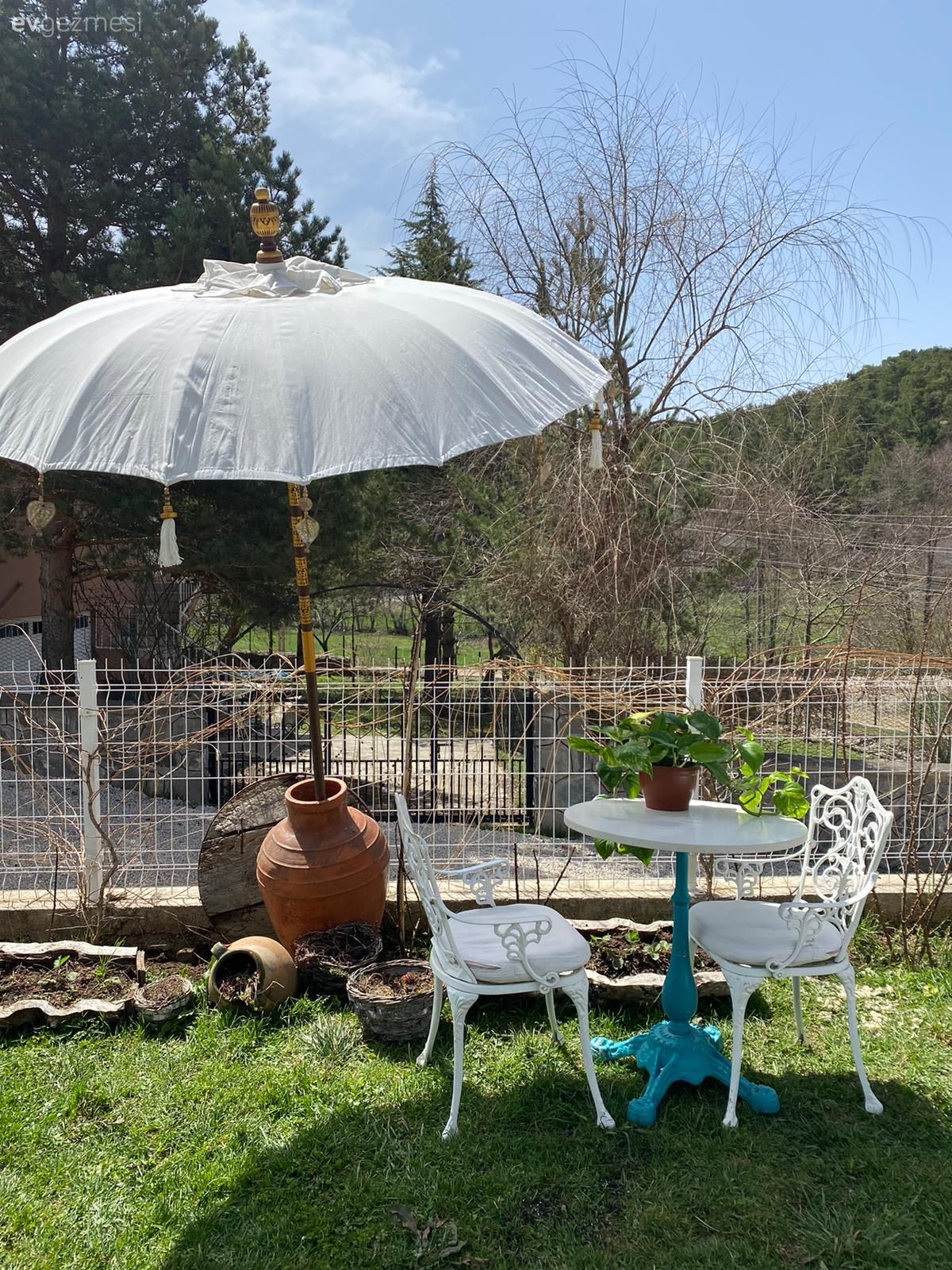 Bahçe, Bahçe masası, Sandalye, Şemsiye