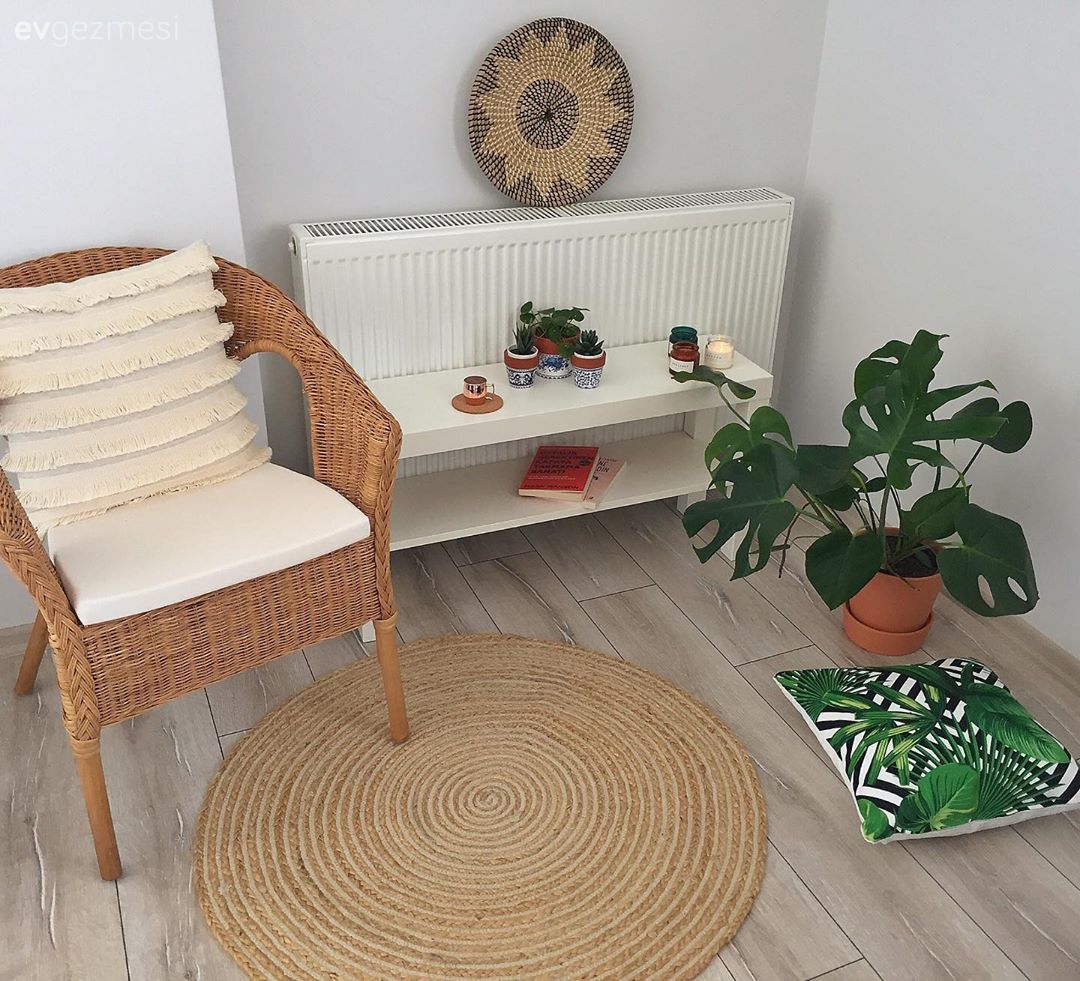 Balkon, Bohem Dekorasyon, Hasır, Jüt halı, Halı, Ev bitkisi, Sehpa, Hasır sandalye