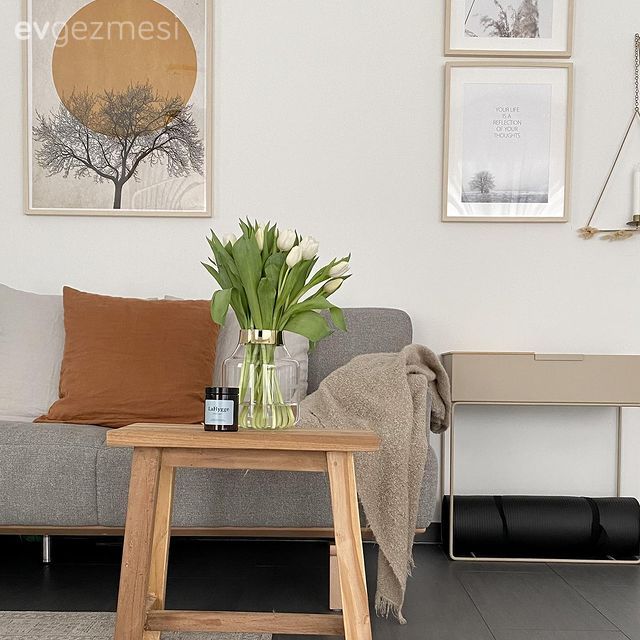 Salon, Gri koltuk, Ahşap Mobilya, Turuncu, Kahverengi, Beyaz, Tablo, Duvar dekorasyonu, Çerçeve, Çiçeklik