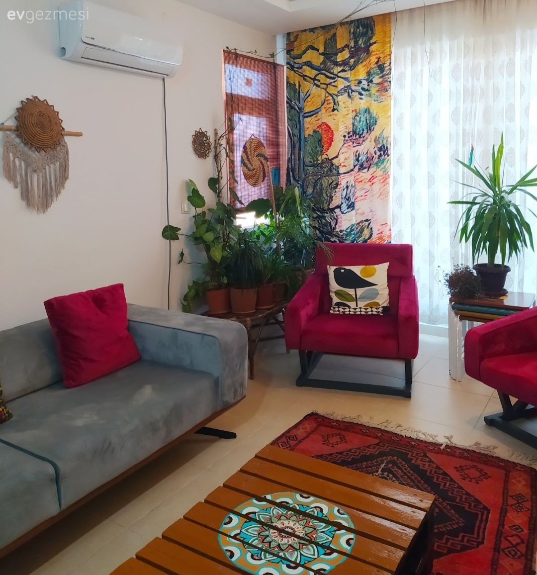 Salon, Eklektik, Gri, Fuşya, Sarı, Yeşil, Fon perde, Perde, Tül perde, Berjer, Kırmızı, Koltuk takımı, Duvar dekorasyonu, Ev bitkisi, Kırlent, Ev tekstili, Orta sehpa, Sehpa