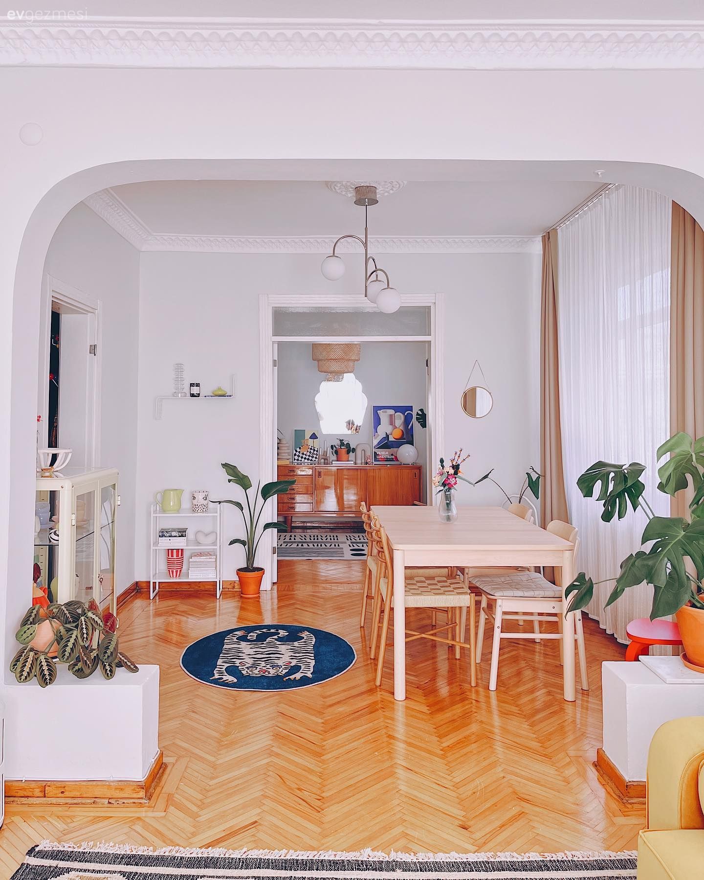 Salon, Yemek Odası, Bohem Dekorasyon, Sandalye, Yemek masası, Parke, Avize, Aydınlatma, Ev bitkisi, Konsol, Konsol üzeri dekoratif objeleri, Halı, Salon halısı, Dekoratif Objeler