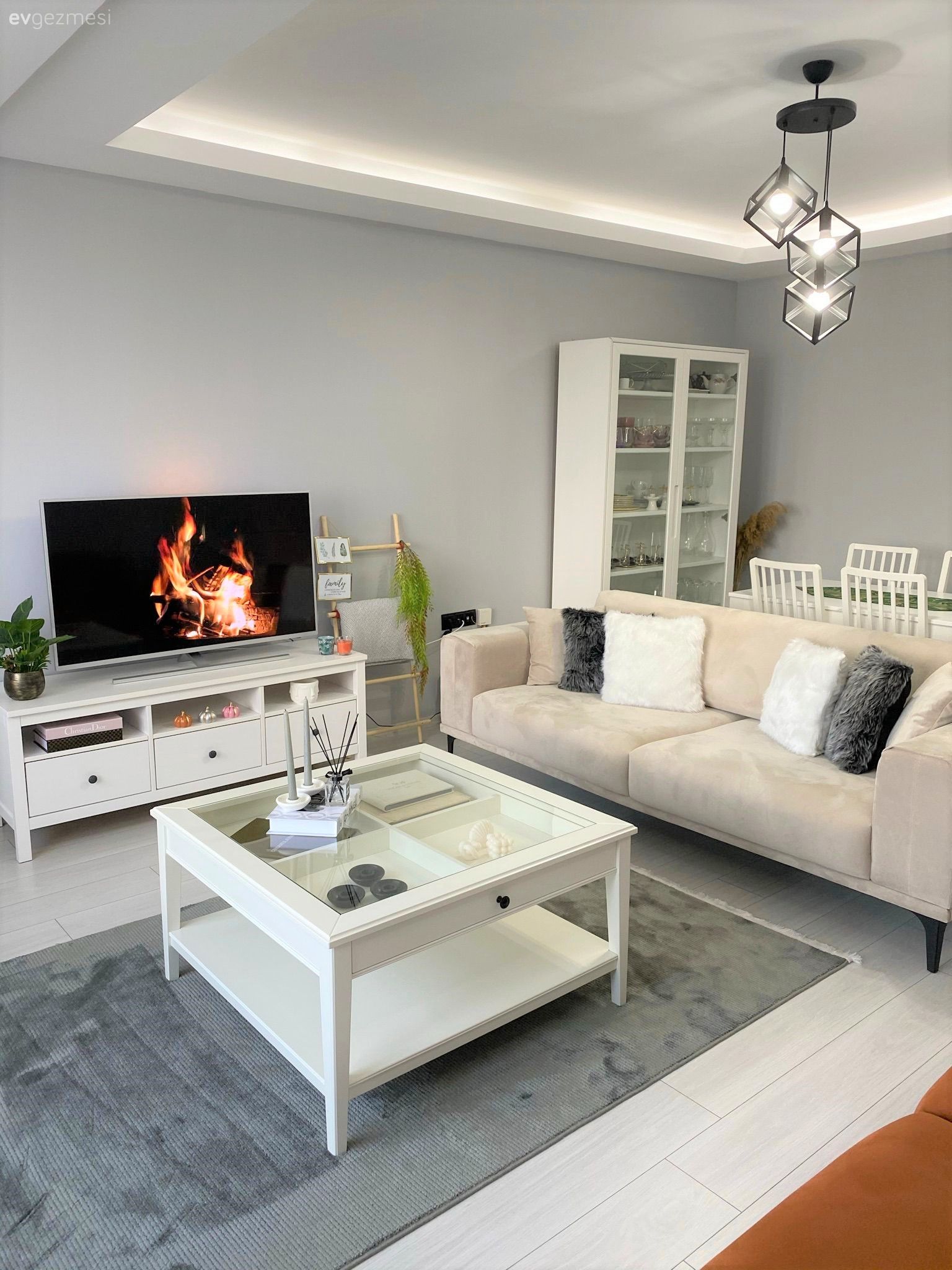 Salon, Beyaz koltuk, Berjer, Koltuk takımı, Modern, Orta sehpa, Sehpa, Tv ünitesi, Fon perde, Perde, Tül perde, Gri, Ev bitkisi, Avize, Aydınlatma, Salon avizesi, Kırlent, Ev tekstili