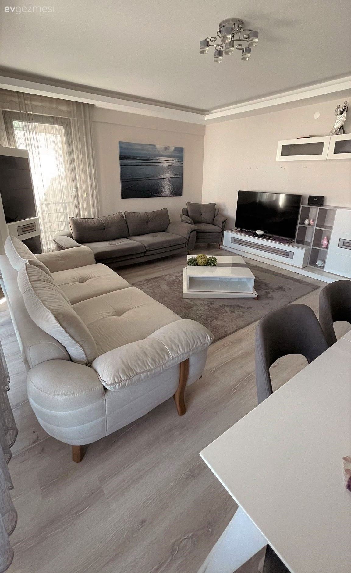 Salon, Gri, Modern, Beyaz, Koltuk takımı, Orta sehpa, Sehpa, Halı, Salon halısı, Tv ünitesi, Tv ünitesi aksesuarları, Ev Aksesuar, Tablo, Duvar dekorasyonu, Parke, Sandalye, Yemek masası, Krem duvar, Avize, Aydınlatma, Tül perde, Perde