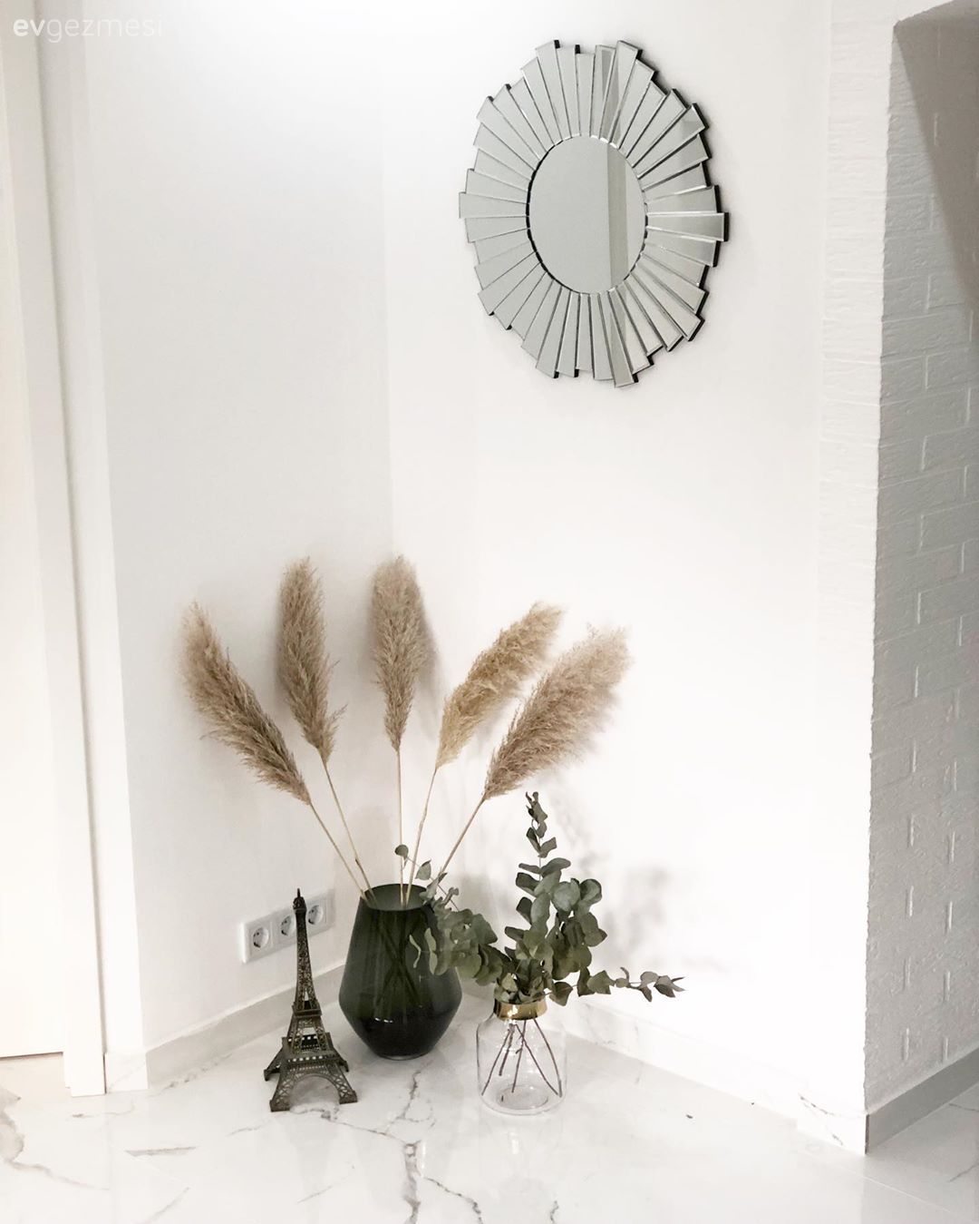Antre, Beyaz, Gümüş, Pampas otu, Vazo, Ev Aksesuar, Çiçekler, Dekoratif ayna, Ayna, Zemin seramikleri