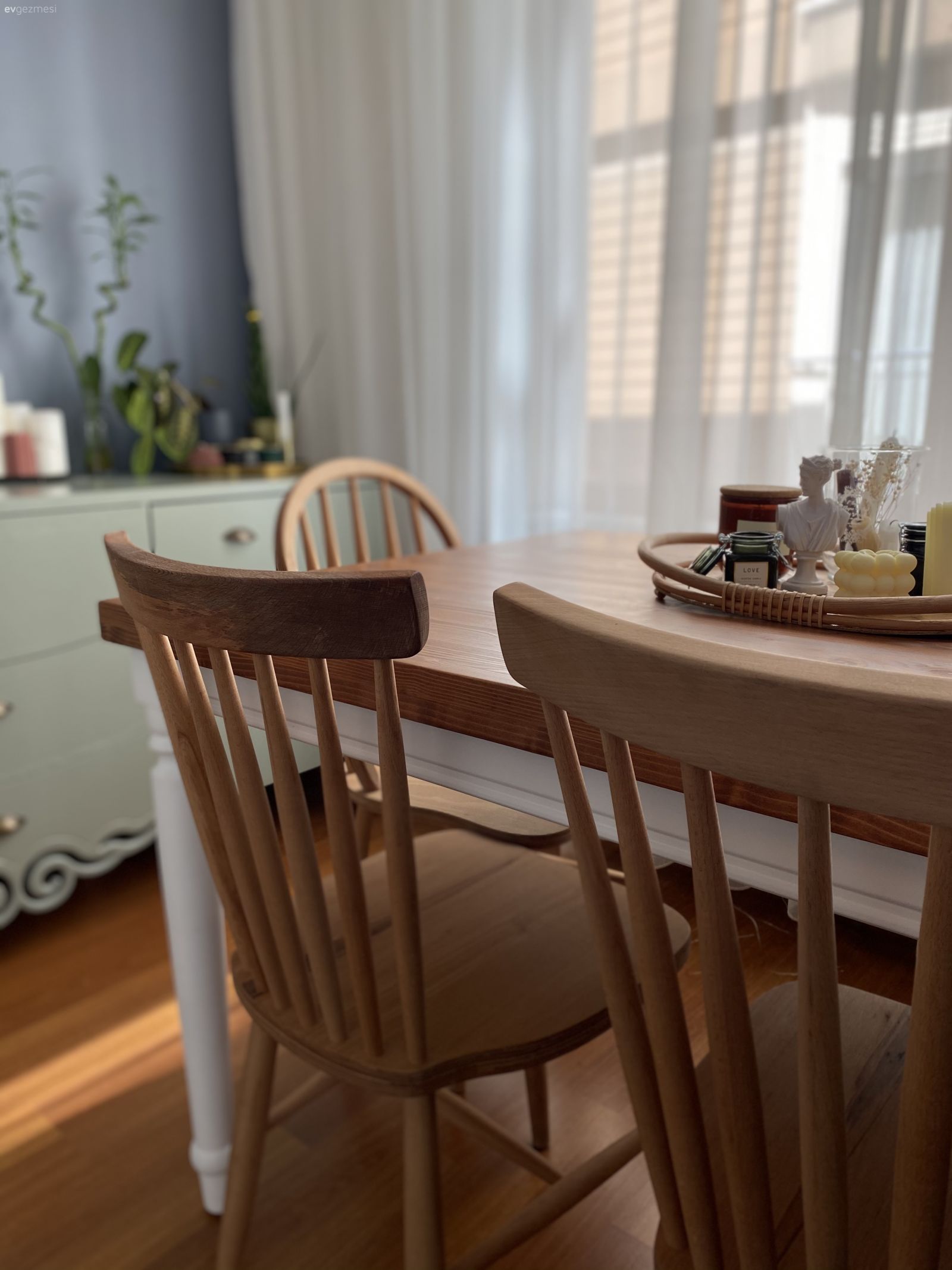 Mavi duvar, Yemek masası, Sandalye, Konsol, Konsol üzeri dekoratif objeleri, Ev bitkisi, Tül perde, Perde