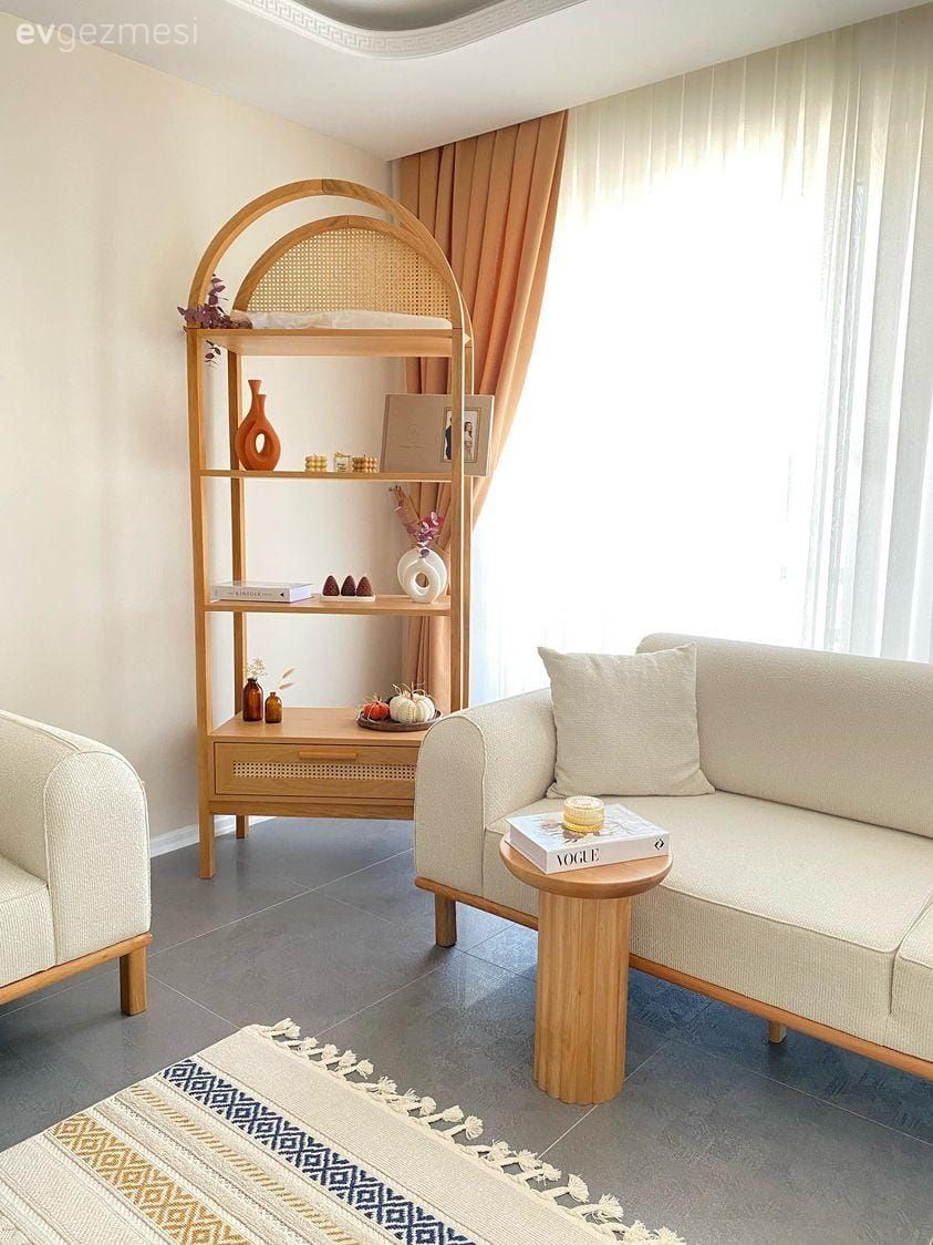 Salon, Modern, Beyaz, Bej, Krem, Kahverengi, Koltuk takımı, Fon perde, Perde, Tül perde, Hasır dolap, Halı, Salon halısı, Yan sehpa, Sehpa