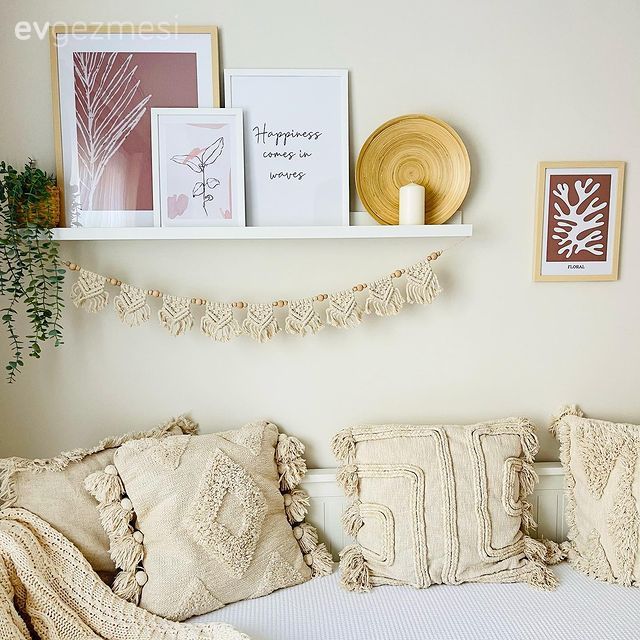 Bohem Dekorasyon, Krem, Beyaz, Duvar rafı, Duvar dekorasyonu, Çerçeve, Kırlent, Ev tekstili