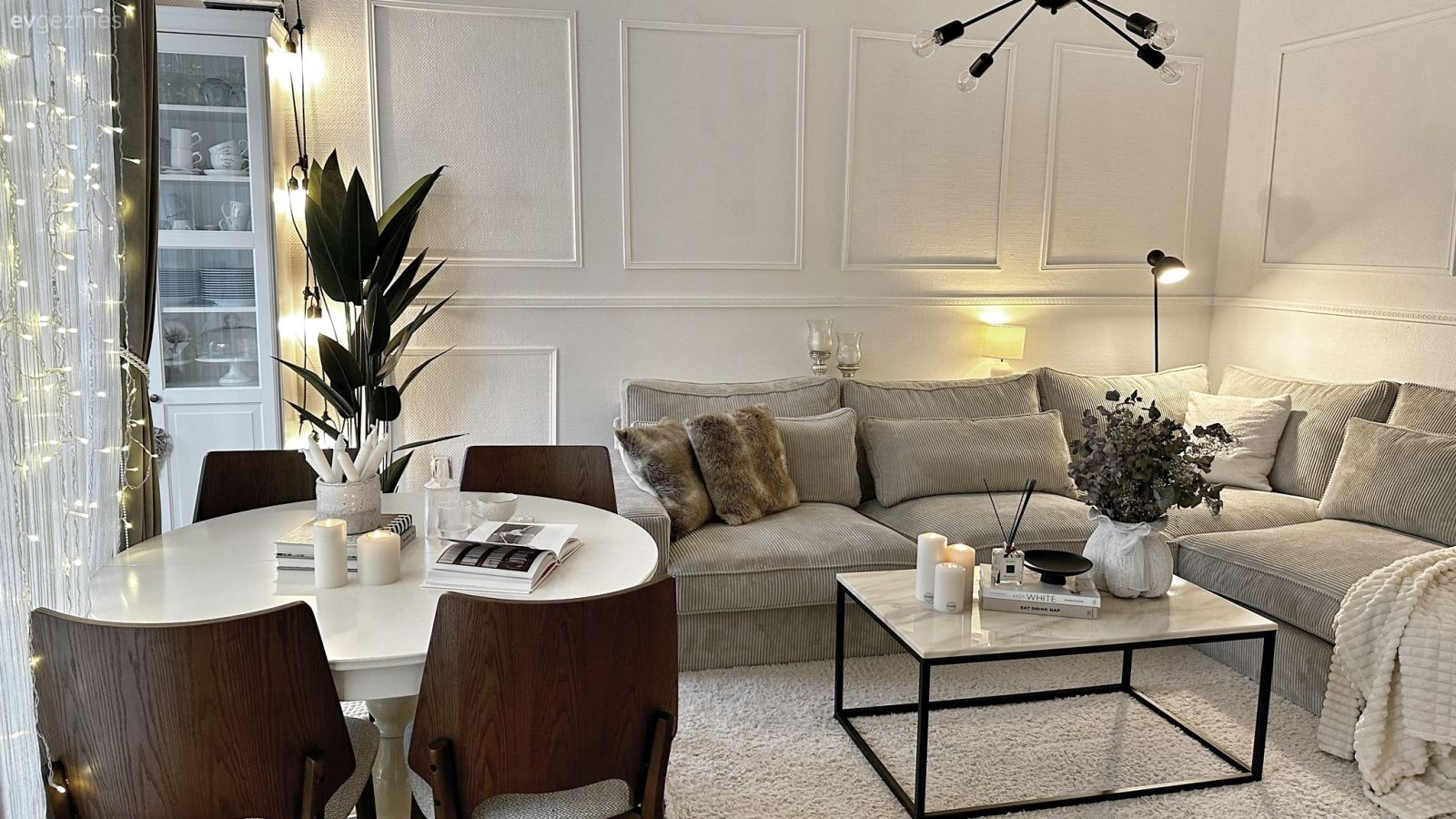 Salon, İskandinav, Beyaz, Bej, Gri, Kahverengi, Siyah, Köşe koltuk, Koltuk takımı, Orta sehpa, Sehpa, Sandalye, Yemek masası, Ev bitkisi, Duvar çıtalama, Spot aydınlatma, Aydınlatma, Halı, Salon halısı, Dekoratif Objeler