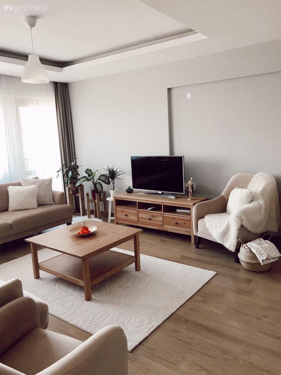 Salon, Koltuk takımı, Vizon, Beyaz, Ahşap Mobilya, Halı, Salon halısı, Orta sehpa, Sehpa, Fon perde, Perde, Tül perde, Ev bitkisi, Berjer, Parke