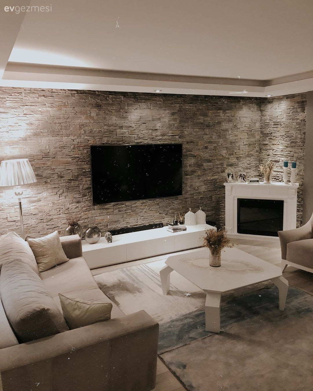 Salon, Rustik, Beyaz, Gri, Vizon, Siyah, Taş duvar, Duvar dekorasyonu, Tv ünitesi, Lambader, Aydınlatma, Şömine, Orta sehpa, Sehpa, Halı, Salon halısı, Led aydınlatma, Spot aydınlatma