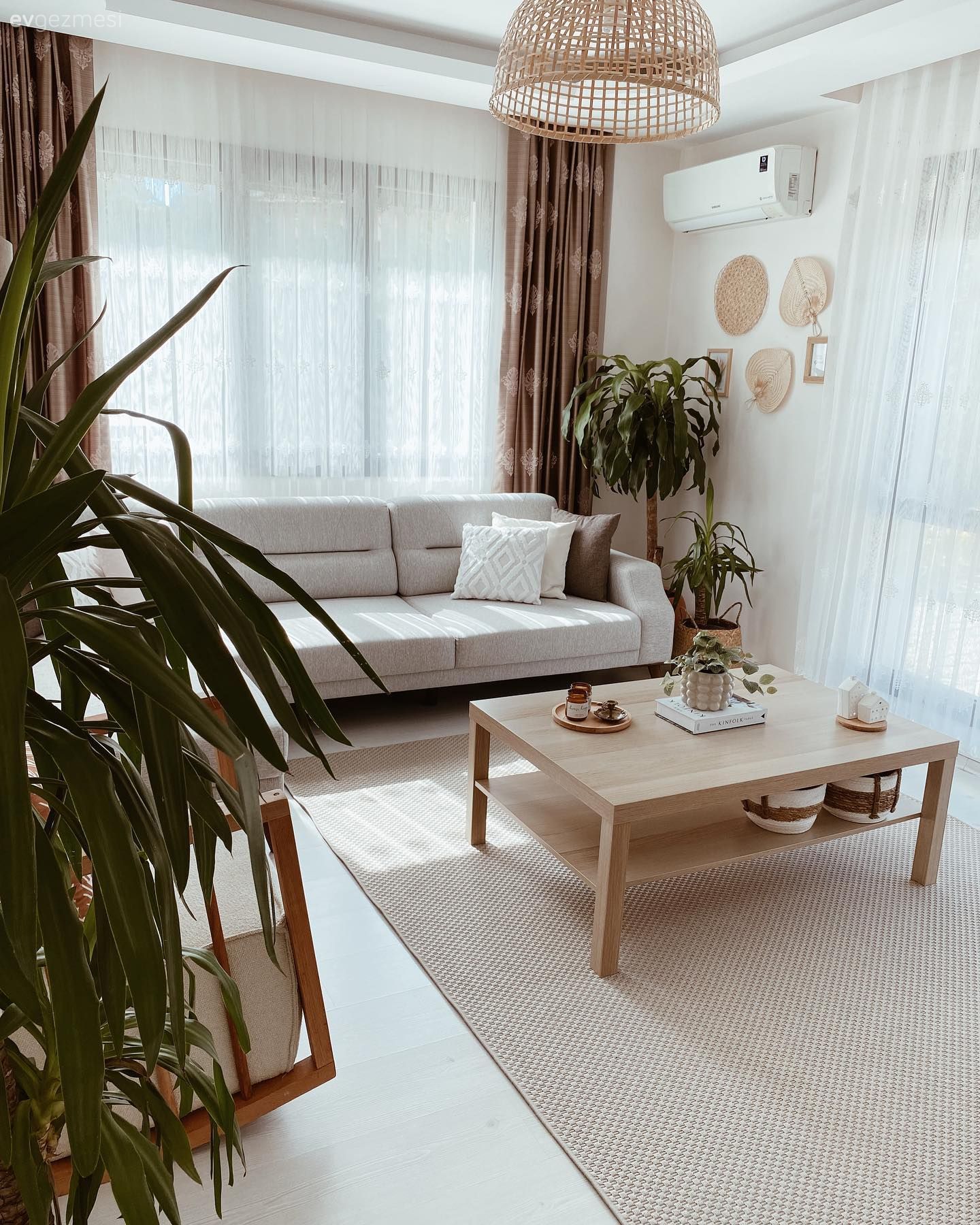 Salon, İskandinav, Modern, Beyaz, Ahşap Mobilya, Koltuk takımı, Orta sehpa, Sehpa, Fon perde, Perde, Tül perde, Ev bitkisi, Saksı, Halı