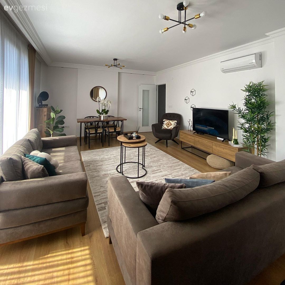 Salon, Modern, Gri, Bej, Kahverengi, Krem, Siyah, Koltuk takımı, Orta sehpa, Sehpa, Tv ünitesi, Tv ünitesi aksesuarları, Ev Aksesuar, Ev bitkisi, Sandalye, Yemek masası, Halı, Salon halısı, Avize, Aydınlatma, Parke