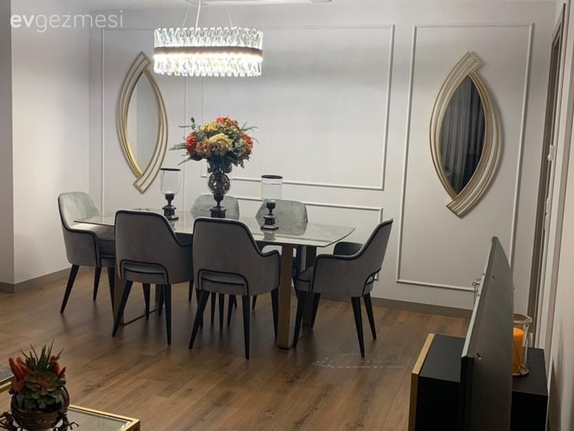 Yemek Odası, Modern, Art deko, Bej, Krem, Gri, Siyah, Sandalye, Duvar çıtalama, Ayna, Yemek odası avizesi, Vazo, Ev Aksesuar, Çiçekler