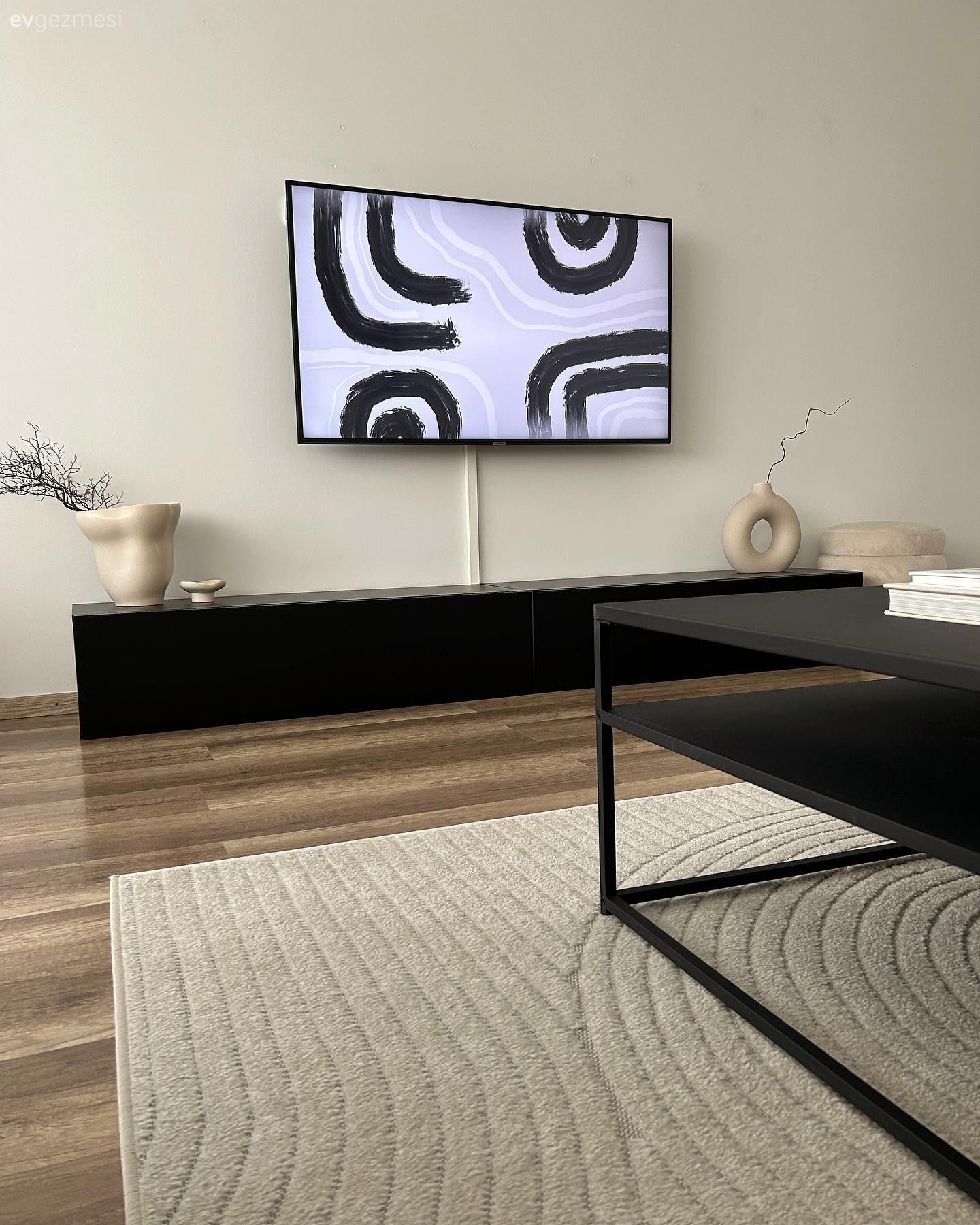 Tv ünitesi, Beyaz, Siyah, Halı, Salon halısı, Orta sehpa, Sehpa, Dekoratif Objeler
