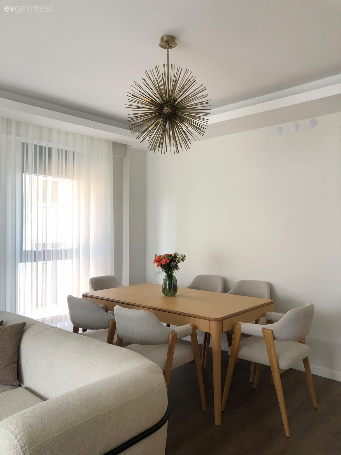 Salon, Modern, Ahşap Mobilya, Sandalye, Yemek masası, Avize, Aydınlatma, Tül perde, Perde, Parke