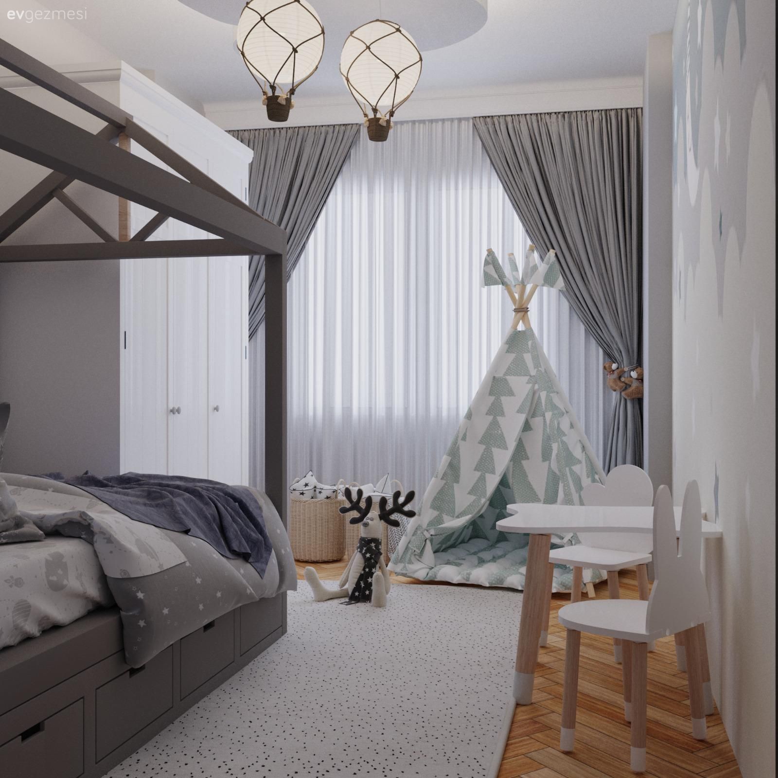Çocuk Odası, Beyaz, Gri, Fon perde, Perde, Tül perde, Çocuk Odası Çadırı, Çocuk odası çalışma masası, Sandalye, Avize, Aydınlatma, Halı, Parke, Tavan dekorasyon