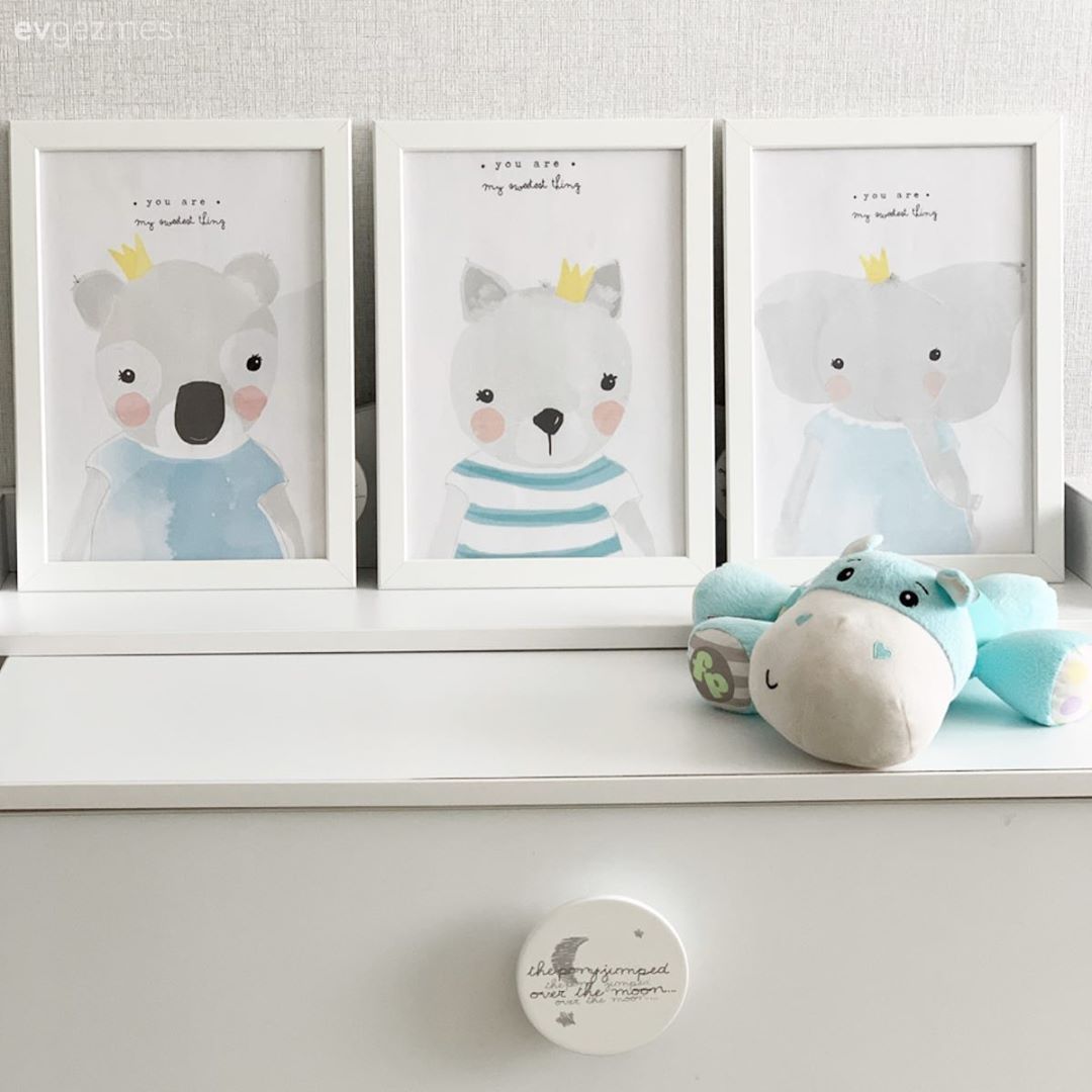 Bebek odası, Mavi, Beyaz, Şifonyer, Yatak Odası, Tablo, Duvar dekorasyonu