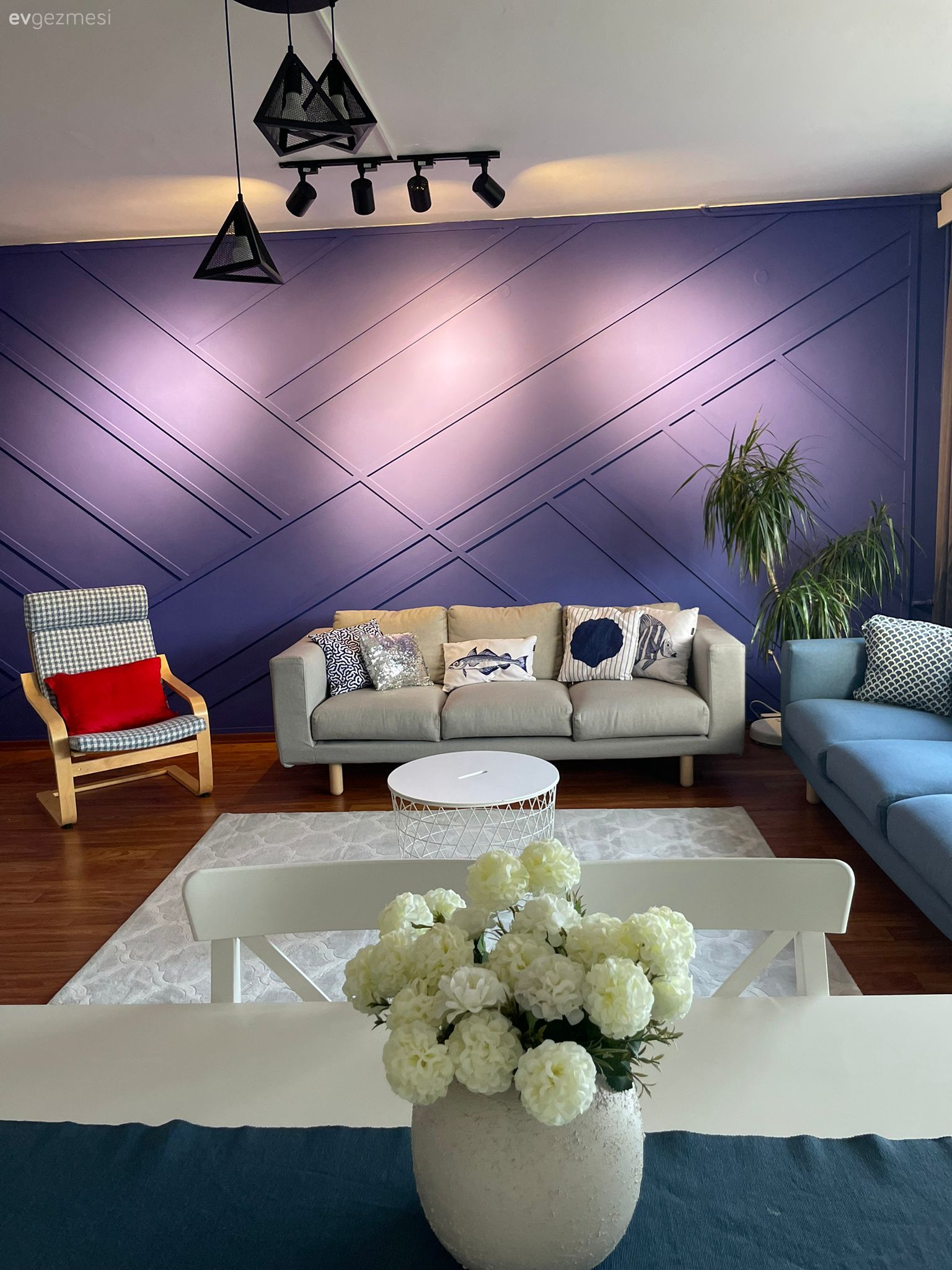 Salon, Modern, Mavi, Beyaz, Bej, Kırmızı, Koltuk takımı, Duvar çıtalama, Saksı, Ev bitkisi, Spot aydınlatma, Aydınlatma, Siyah, Kırlent, Ev tekstili, Dekoratif Objeler, Avize, Berjer, Halı, Salon halısı