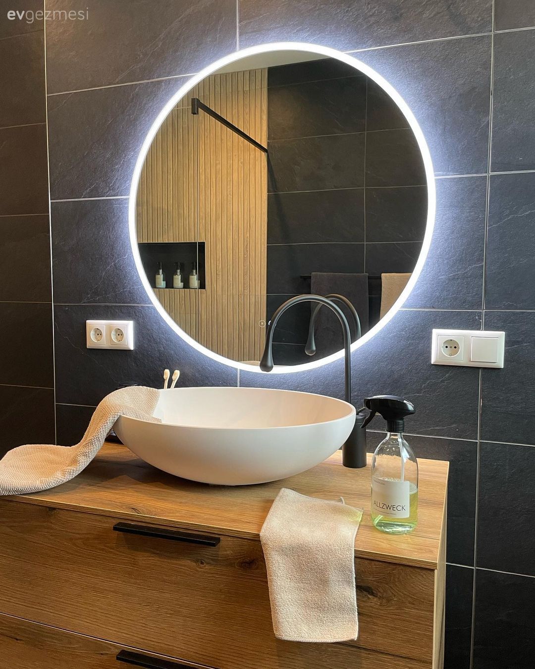 Banyo, Antrasit  , Yuvarlak ayna, Dekoratif ayna, Ahşap Mobilya, Banyo dolabı, Banyo paspası