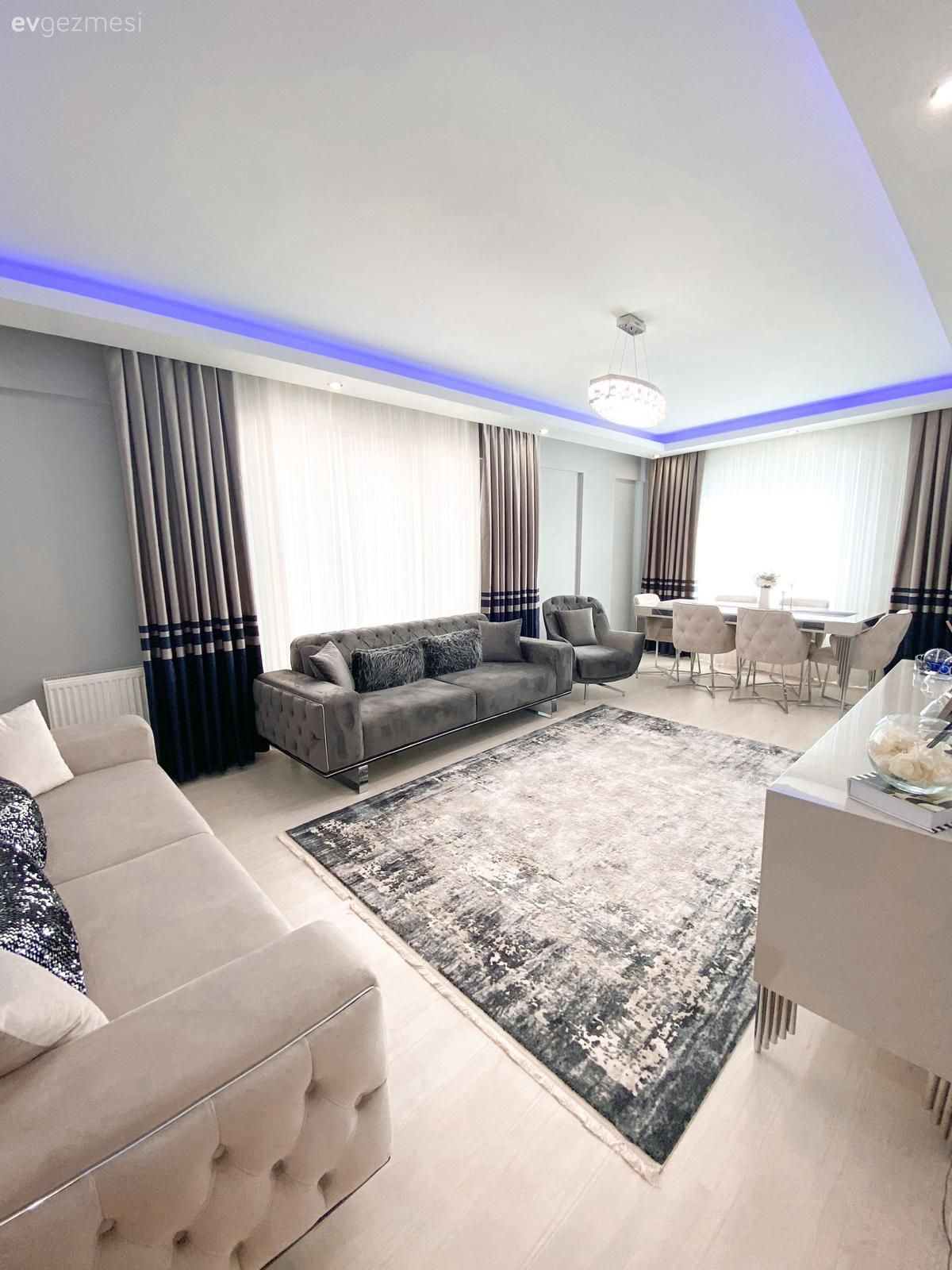 Gri, Salon, Klasik, Krem, Koltuk takımı, Modern chesterfield, Halı, Salon halısı, Tv ünitesi, Tv ünitesi aksesuarları, Ev Aksesuar, Led aydınlatma, Aydınlatma