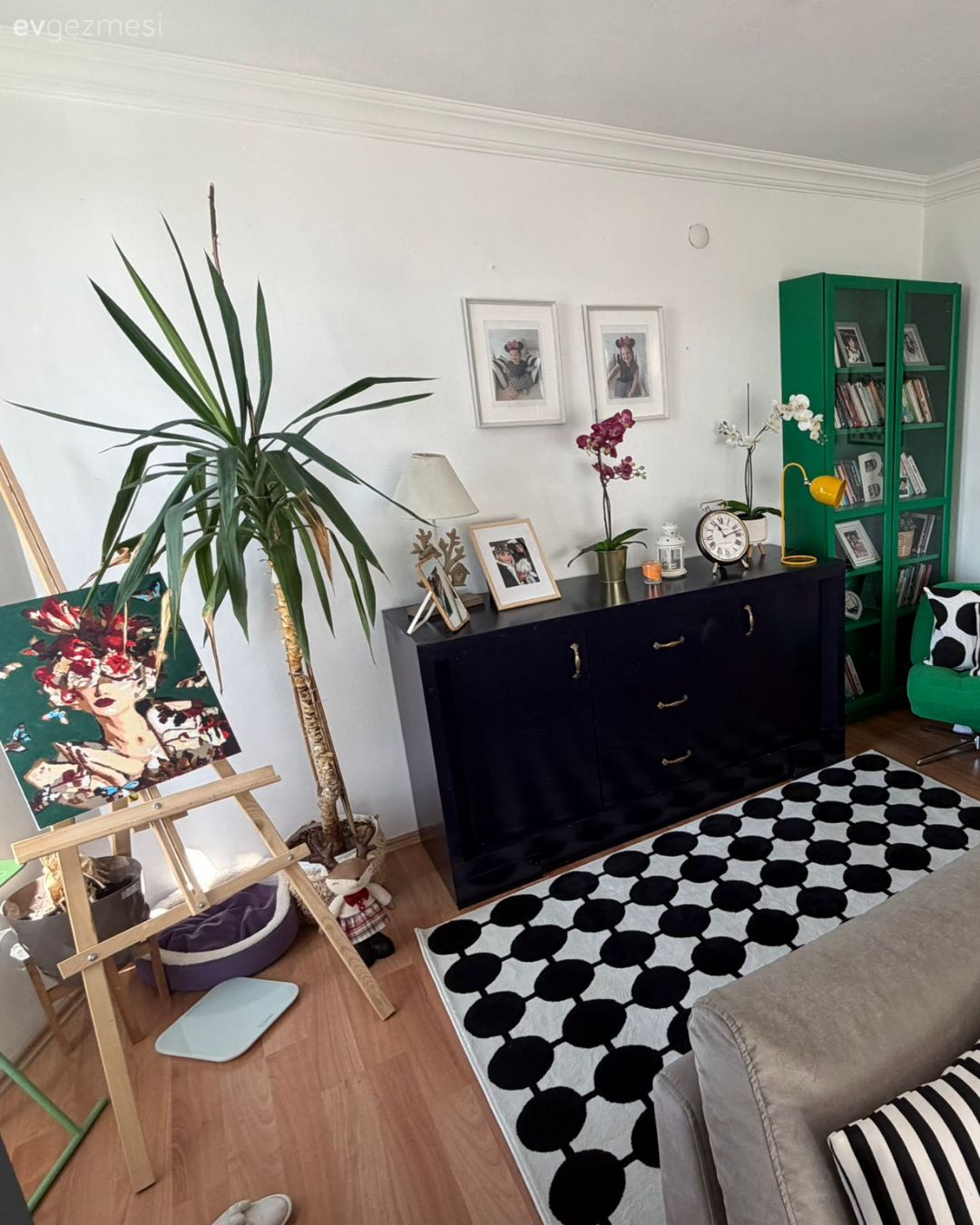 Konsol, Konsol üzeri dekoratif objeleri, Ev bitkisi, Çerçeve, Halı, Kitaplık, Yeşil, Dekoratif Objeler