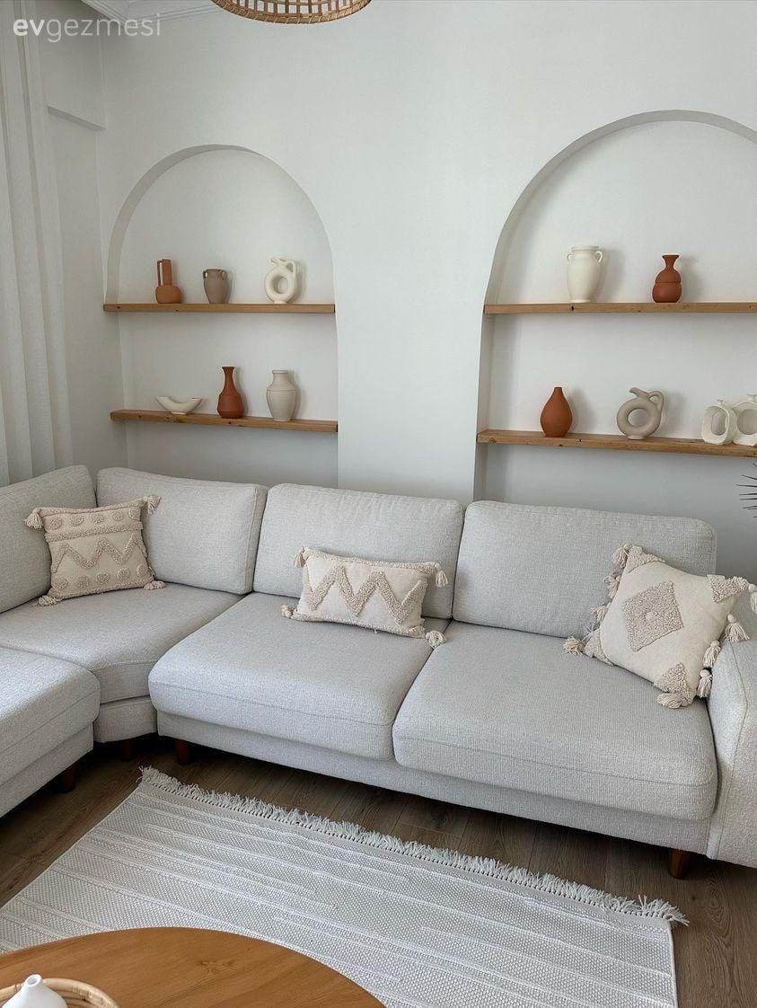 Köşe koltuk, Koltuk takımı, Bej, Beyaz, Duvar Nişleri, Kırlent, Ev tekstili, Halı, Salon halısı, Duvar rafı, Duvar dekorasyonu