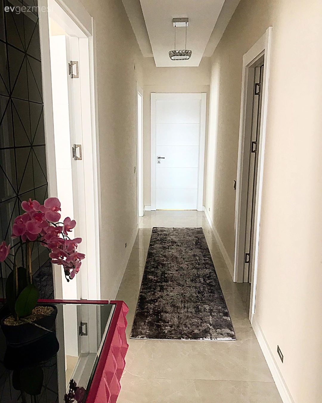 Hol, Gri, Fuşya, Yolluk, Halı, Tavan dekorasyon, Hol avizesi, Dresuar, Siyah