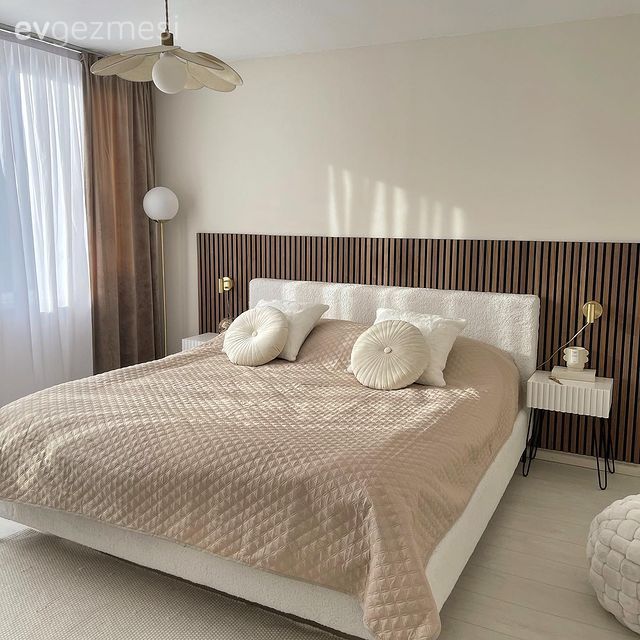 Yatak Odası, Krem, Beyaz, Kahverengi, Yatak örtüsü, Yatak başlığı