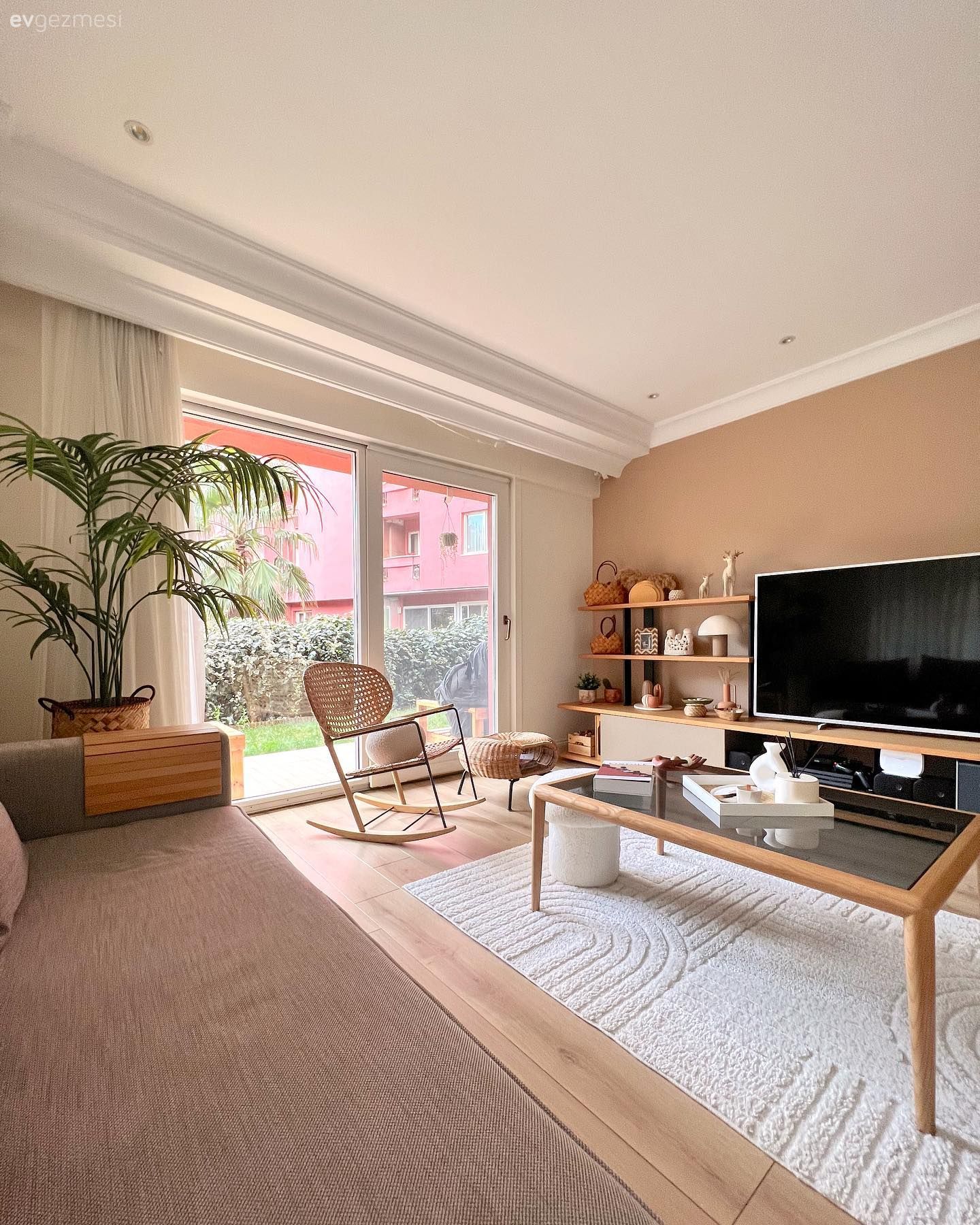 Somon Rengi, Ahşap Mobilya, Tv ünitesi, Tv ünitesi aksesuarları, Ev Aksesuar, Hasır sandalye, Orta sehpa, Sehpa, Beyaz halı, Salon halısı, Ev bitkisi, Saksı, Koltuk takımı, Dekoratif Objeler, Parke