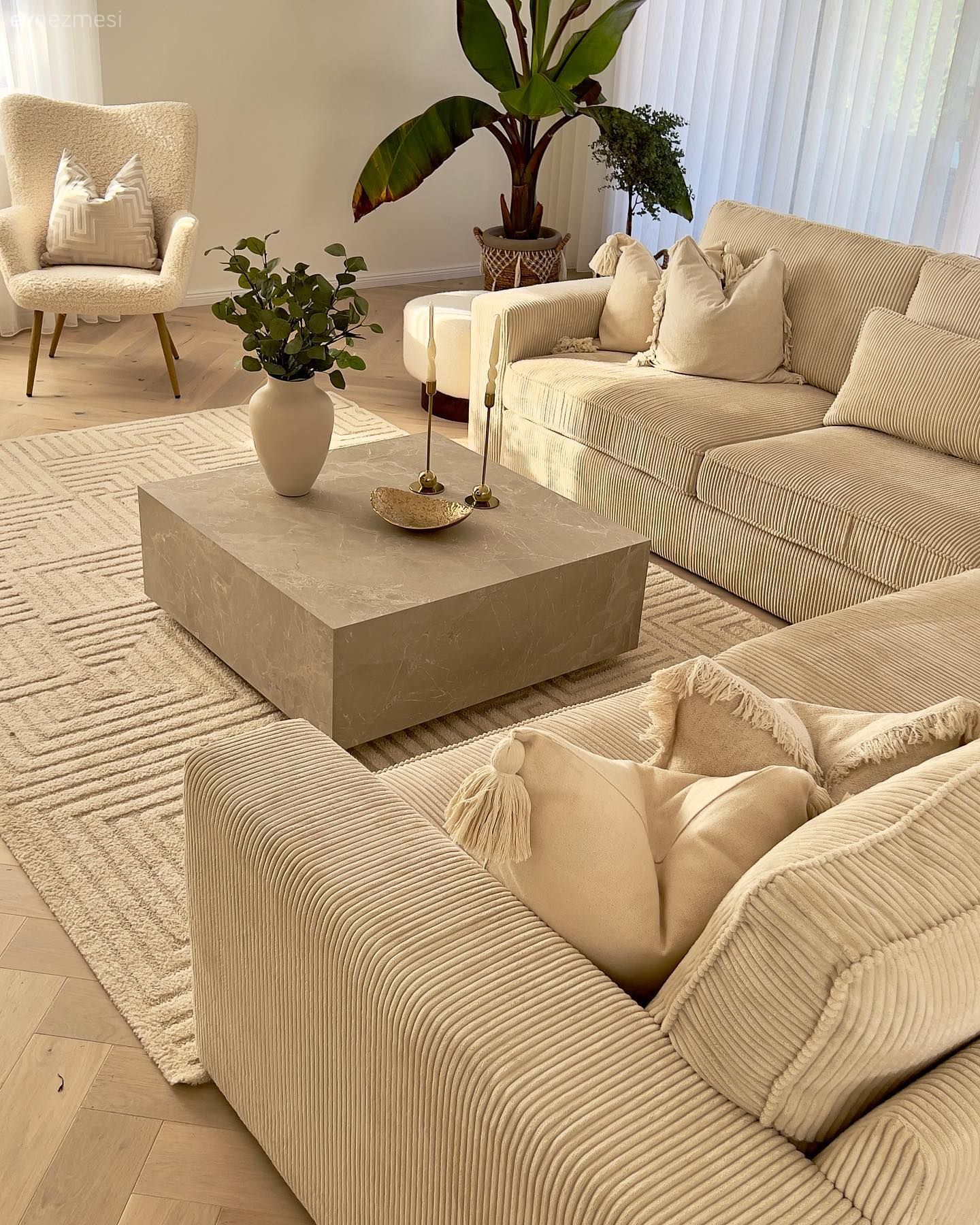 Salon, Beyaz, Modern, Krem, Bej, Ev bitkisi, Saksı, Koltuk takımı, Orta sehpa, Sehpa, Berjer, Halı, Salon halısı, Kırlent, Ev tekstili, Vazo, Ev Aksesuar, Tül perde, Perde