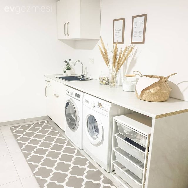 Çamaşır odası, Beyaz, Vizon, Pampas otu, Çerçeve