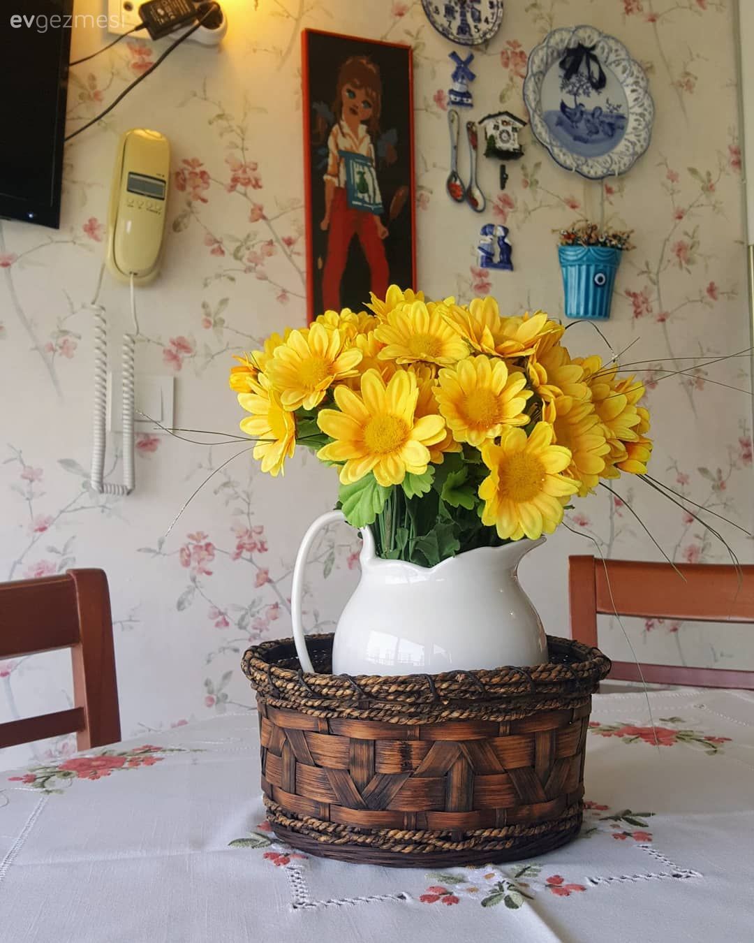 Mutfak duvar dekorasyonu, Duvar dekorasyonu, Çiçekli desen, Desenler, Duvar kağıdı, Vazo, Ev Aksesuar, Çiçekler, Sarı, Mavi, Tablo