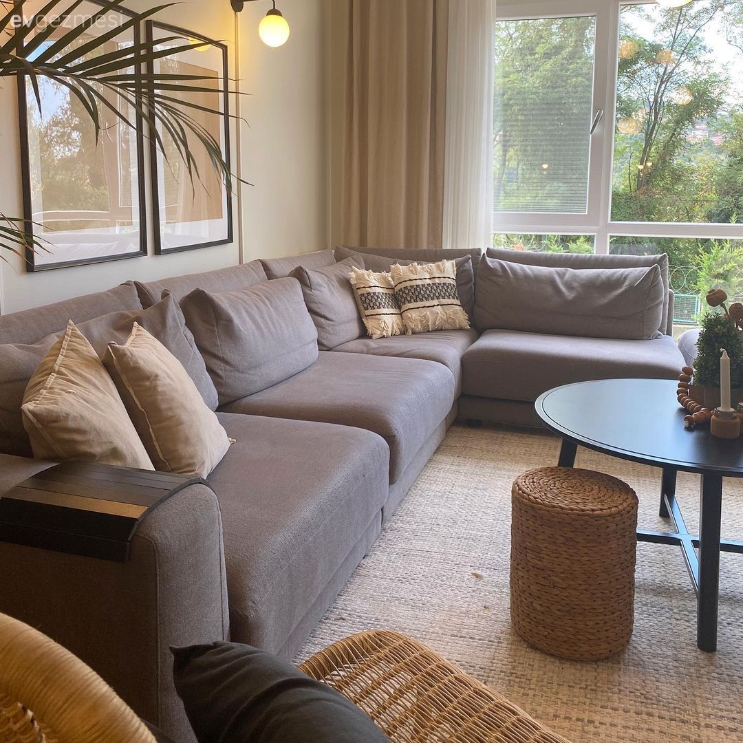 Salon, Gri, Bej, Beyaz, Krem, Köşe koltuk, Koltuk takımı, Kırlent, Ev tekstili, Tablo, Duvar dekorasyonu, Orta sehpa, Sehpa, Siyah, Halı, Salon halısı, Ev bitkisi