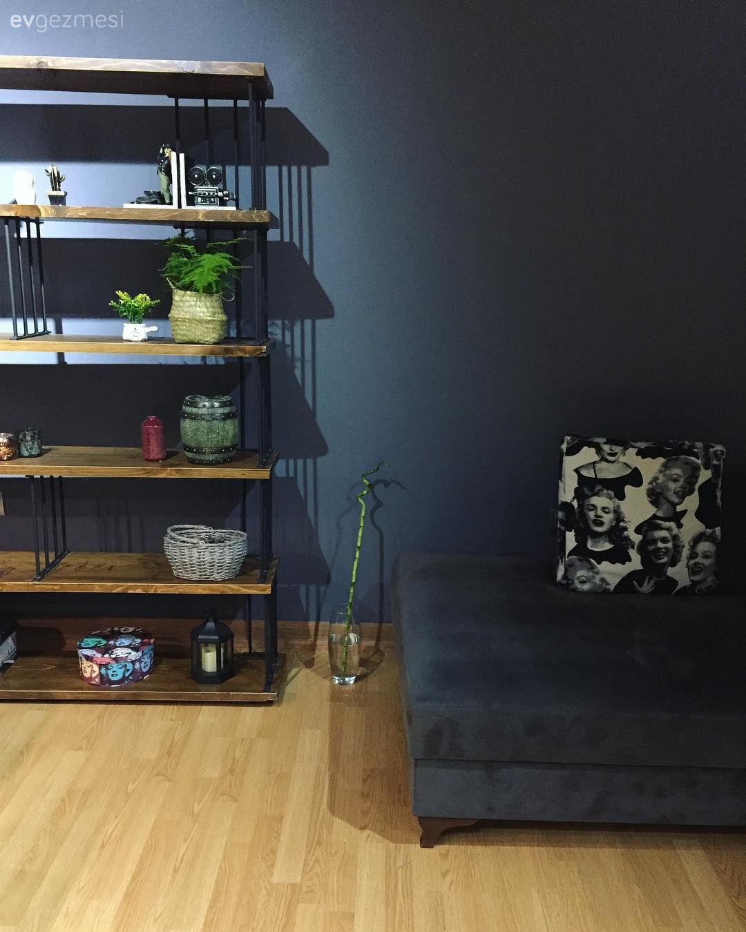 Salon, Modern, Gri, Gri duvar, Kitaplık, Ahşap Mobilya, Ev Aksesuar, Ev bitkisi, Kaktüs, Kitaplık dekoratif objeleri, Köşe koltuk, Koltuk takımı, Kırlent