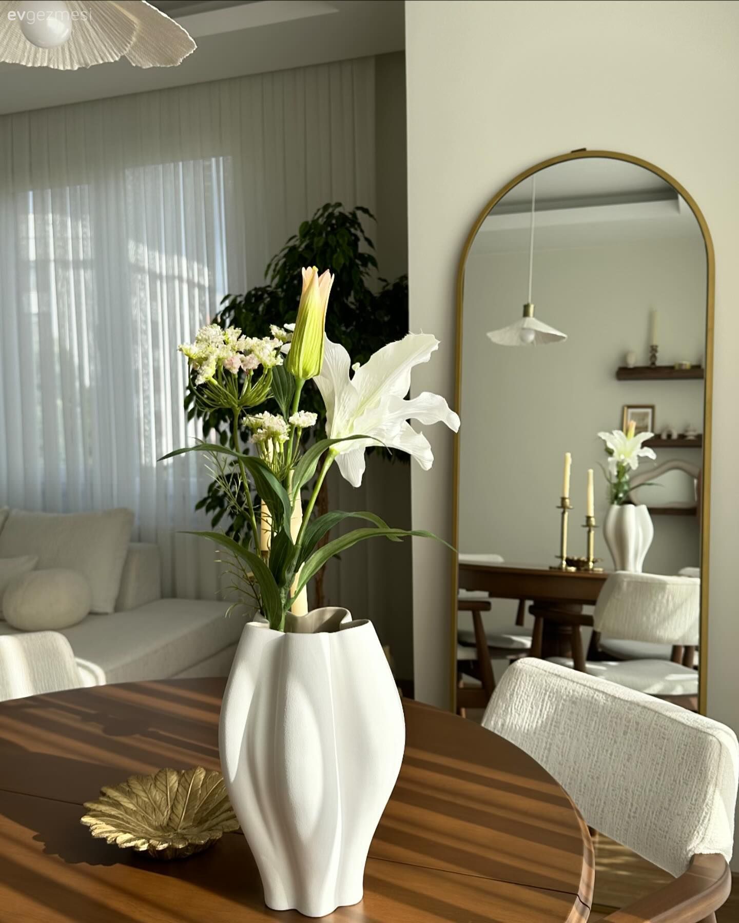 Beyaz, Tül perde, Perde, Boy aynası, Ayna, Yemek masası, Sandalye, Avize, Aydınlatma, Saksı, Kırlent, Ev tekstili