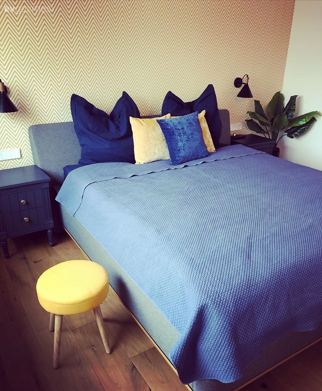 Yatak Odası, Mavi, Sarı, Komodin, Yatak başlığı, Kırlent, Ev tekstili, Puf, Ev bitkisi