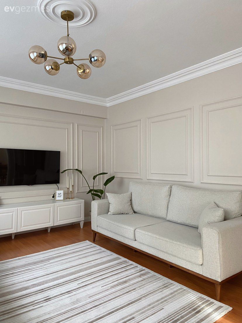 Duvar çıtalama, Beyaz, Bej, Koltuk takımı, Tv ünitesi, Tv ünitesi aksesuarları, Ev Aksesuar, Halı, Parke, Ev bitkisi, Saksı