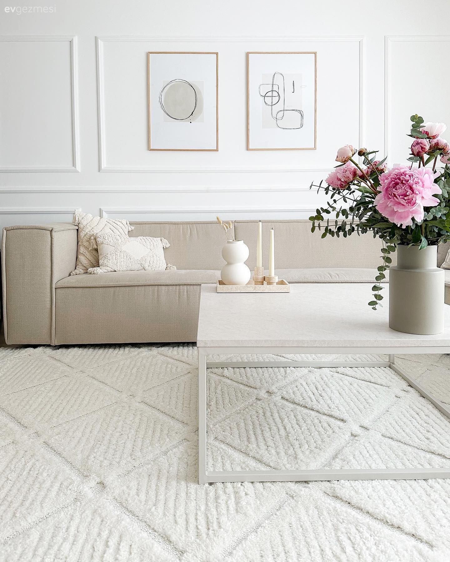 Salon, Modern, Beyaz, Vizon, Altın, Köşe koltuk, Koltuk takımı, Çerçeve, Duvar çıtalama, Halı, Salon halısı, Orta sehpa, Sehpa, Vazo, Ev Aksesuar, Kırlent, Ev tekstili, Çiçekler