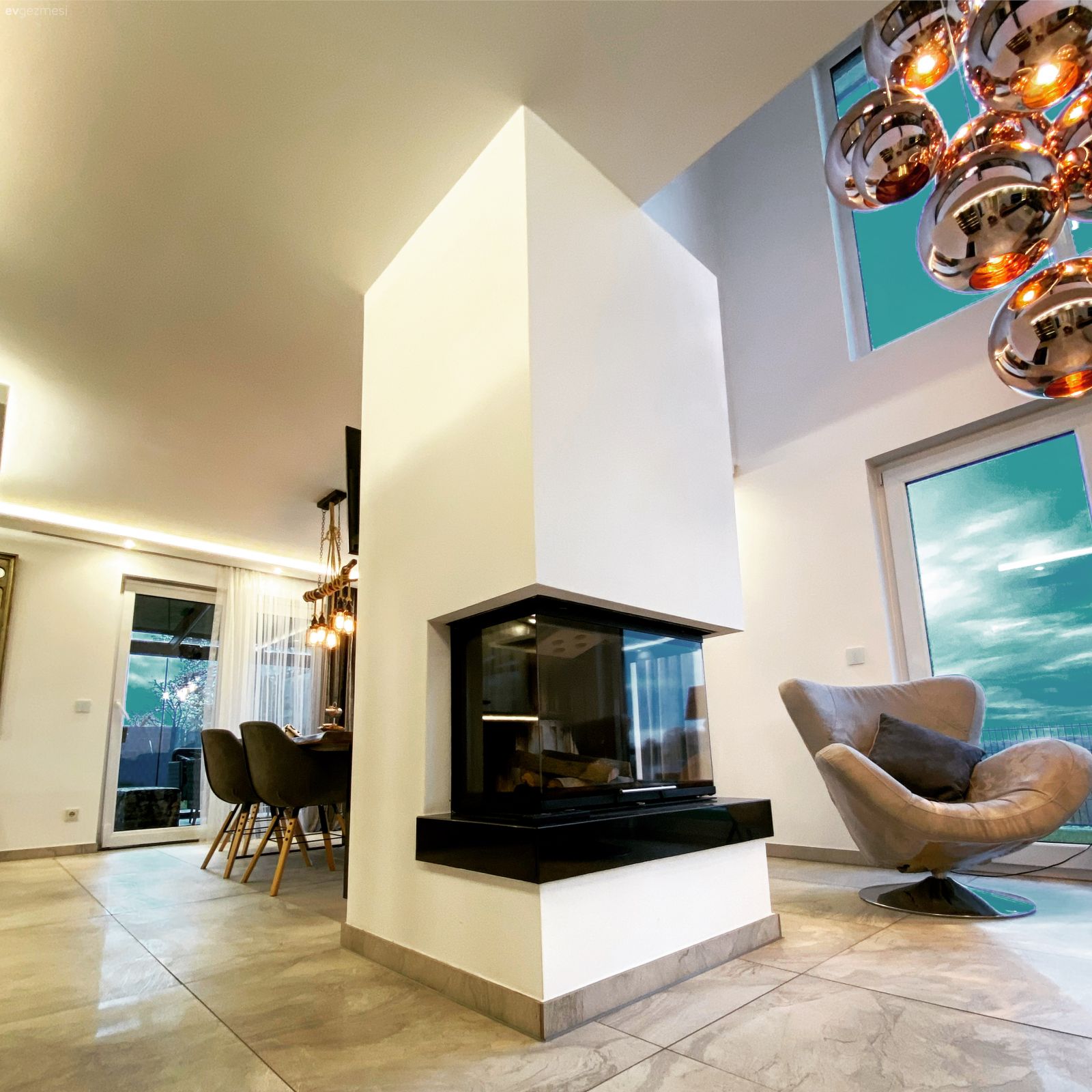 Şömine, Modern, Siyah, Avize, Aydınlatma, Parke, Berjer, Bej