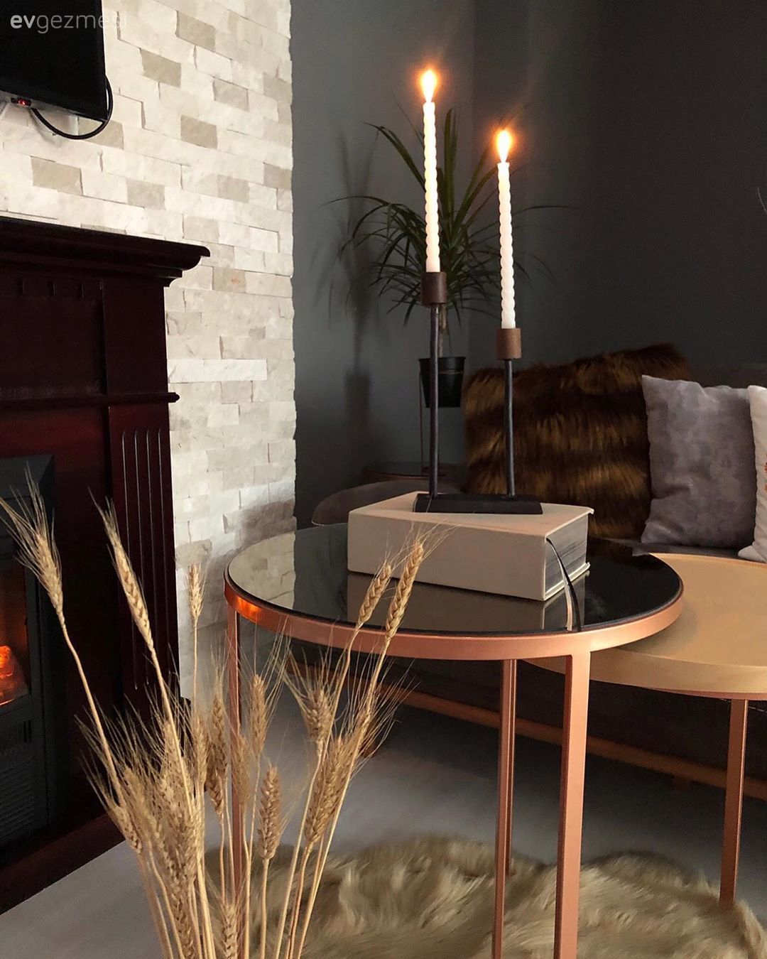 Gri duvar, Taş duvar, Duvar dekorasyonu, Kırlent, Ev bitkisi, Şamdan, Ev Aksesuar, Cam sehpa, Post halı, Sehpa üstü aksesuarı, Şömine