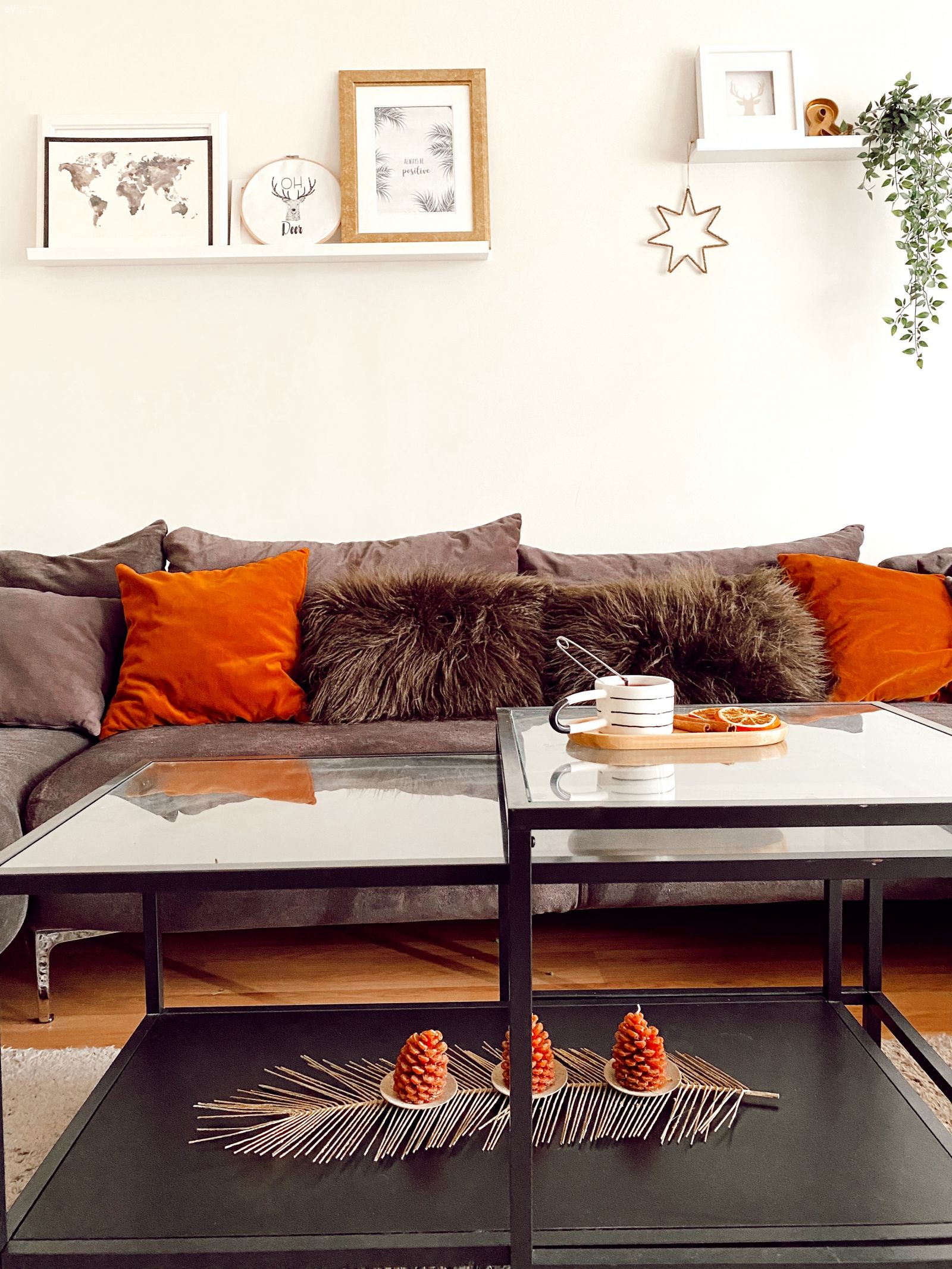 Salon, Bohem Dekorasyon, Antrasit  , Turuncu, Beyaz, Köşe koltuk, Koltuk takımı, Duvar rafı, Duvar dekorasyonu, Çerçeve, Orta sehpa, Sehpa, Cam orta sehpa