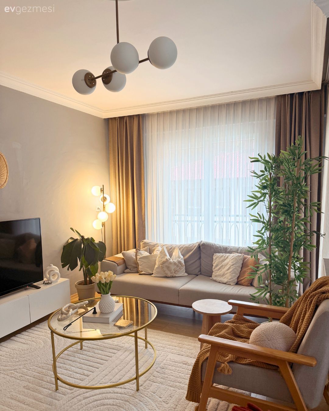 Salon, Modern, Gri, Bej, Kahverengi, Koltuk takımı, Berjer, Tv ünitesi, Kırlent, Ev tekstili, Cam orta sehpa, Orta sehpa, Ev bitkisi, Saksı, Avize, Aydınlatma, Salon avizesi, Halı, Salon halısı, Lambader