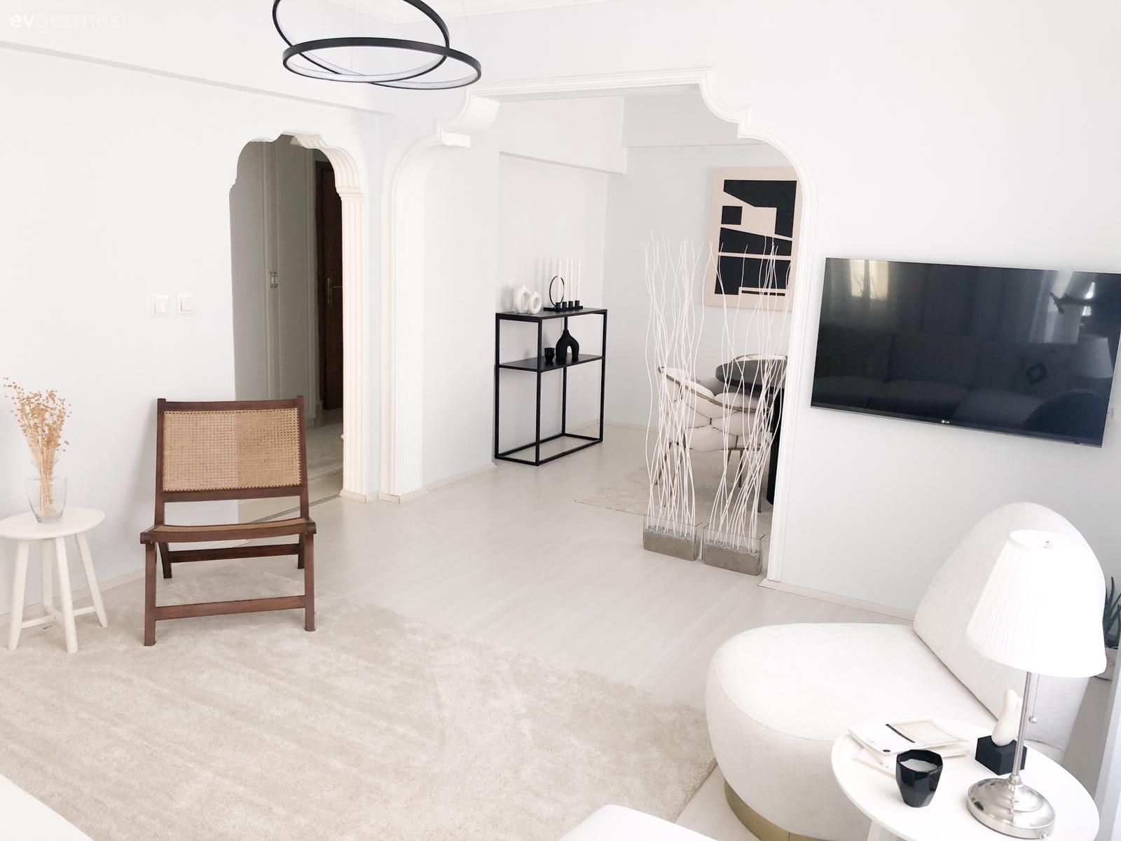 Salon, İskandinav, Beyaz, Bej, Krem, Siyah, Berjer, Avize, Aydınlatma, Konsol, Halı, Salon halısı, Dekoratif Objeler