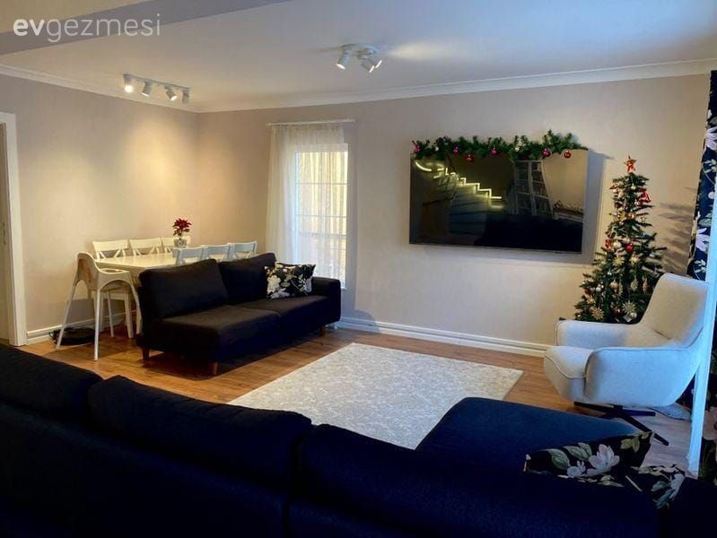 Salon, Modern, Siyah, Beyaz, Köşe koltuk, Koltuk takımı, Halı, Beyaz halı, Çam ağacı, Tül perde, Perde