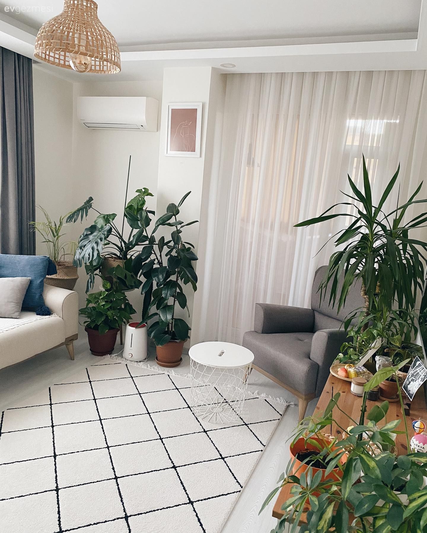 Beyaz, Gri, Fon perde, Perde, Tül perde, Koltuk takımı, Berjer, Halı, Geometrik desen, Desenler, Hasır avize