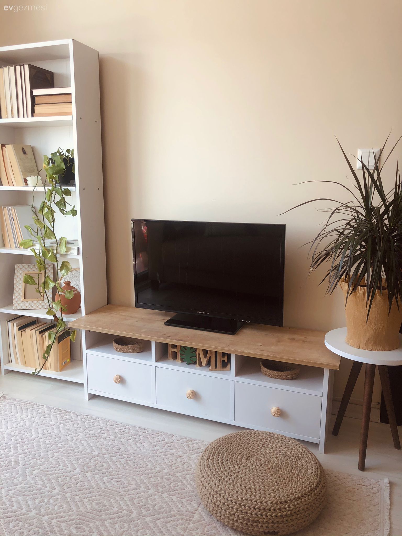 Beyaz, Ahşap Mobilya, Tv ünitesi, Ev bitkisi, Saksı, Kitaplık, Hasır puf