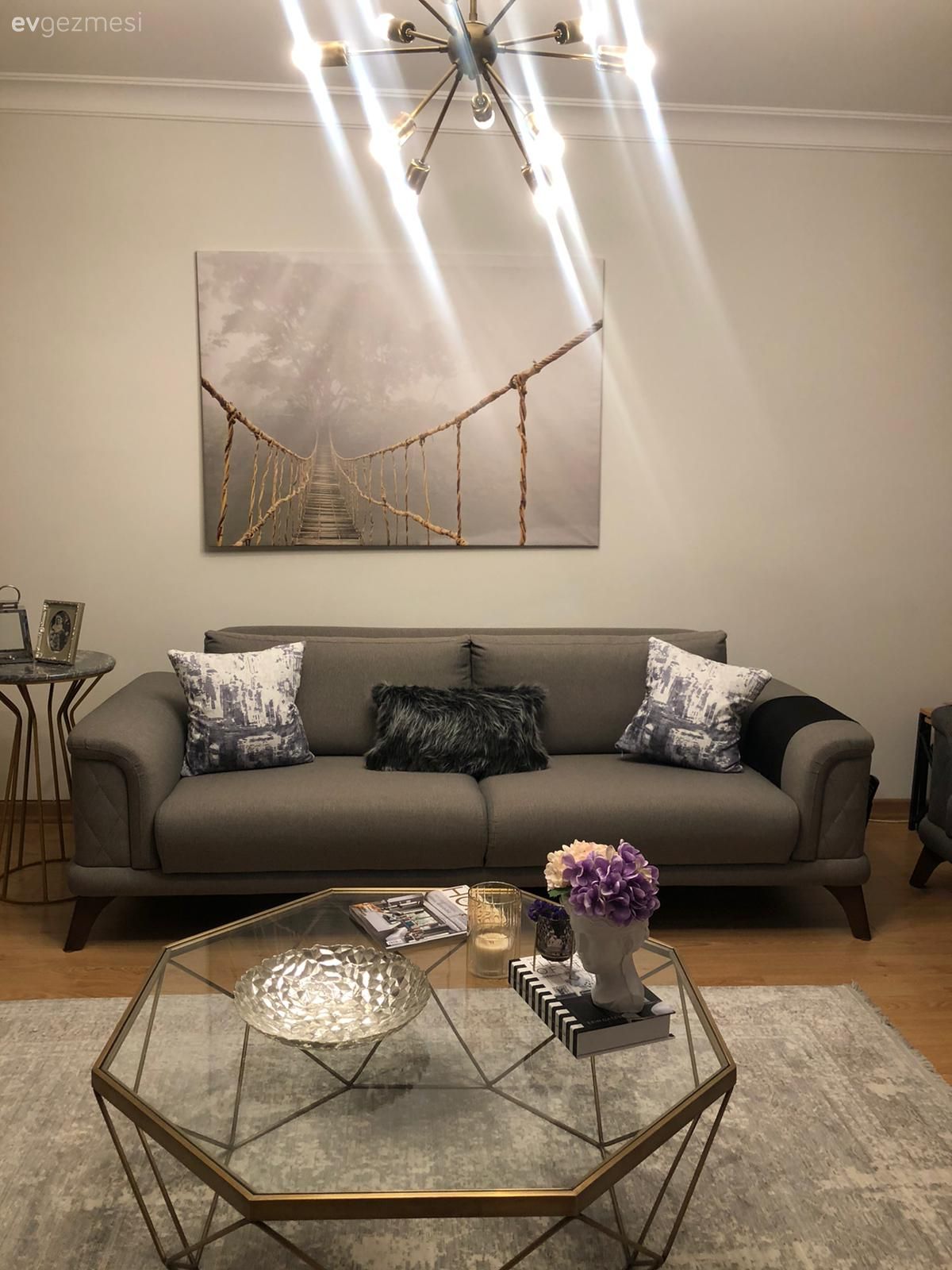 Tablo, Duvar dekorasyonu, Gri koltuk, Koltuk takımı, Halı, Salon halısı, Orta sehpa, Sehpa, Avize, Aydınlatma, Vazo, Ev Aksesuar, Çiçekler
