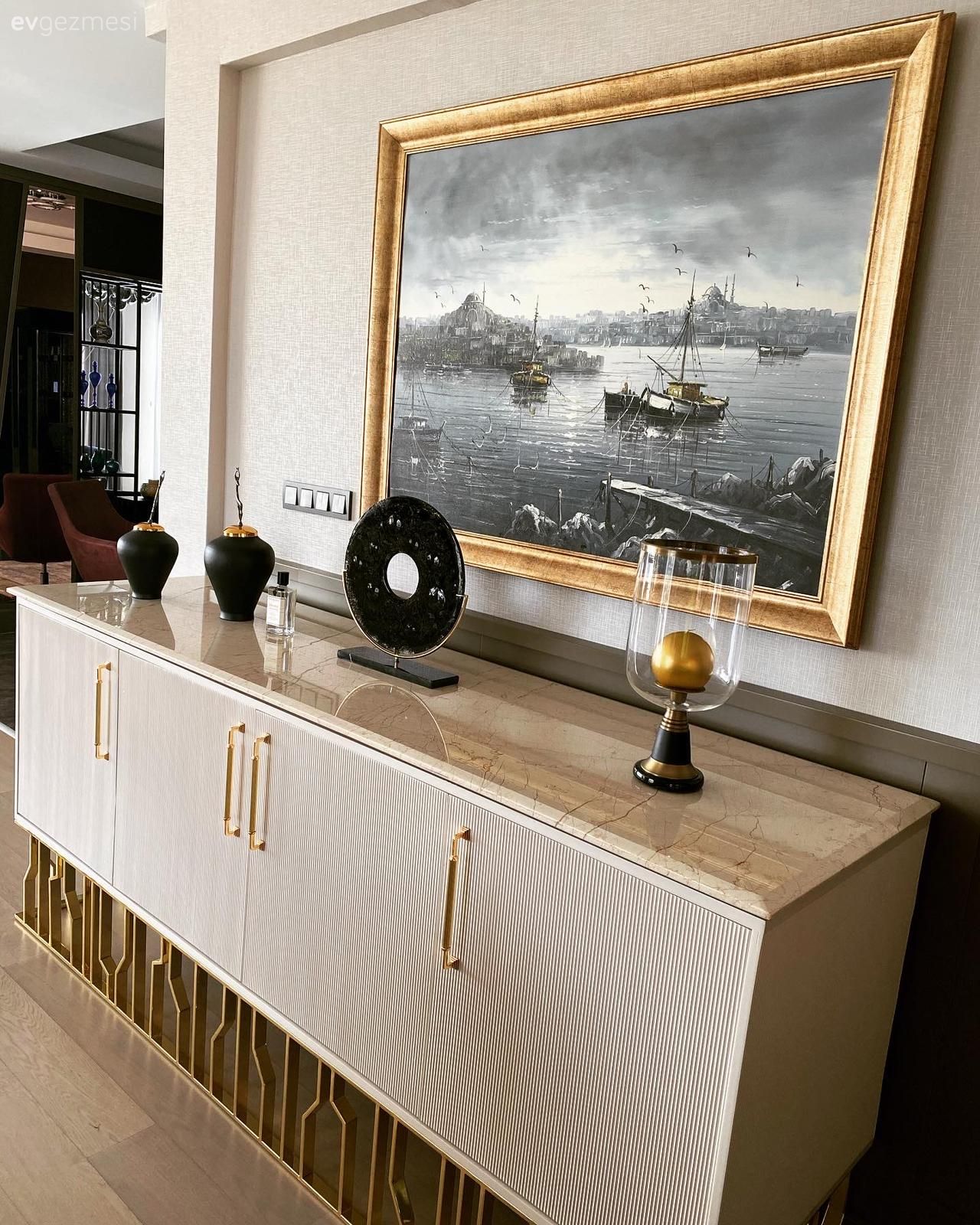 Konsol, Konsol üzeri dekoratif objeleri, Beyaz, Altın, Tablo, Duvar dekorasyonu, Dekoratif Objeler, Zemin seramikleri