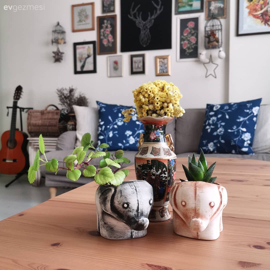 Salon, Eklektik, Gri, Sarı, Mavi, Ahşap masa, Orta sehpa, Duvar dekorasyonu, Çerçeve, Tablo, Ev Aksesuar, Ev bitkisi, Kırlent, Zigon sehpa, Sehpa, Sehpa üstü aksesuarı, Saksı