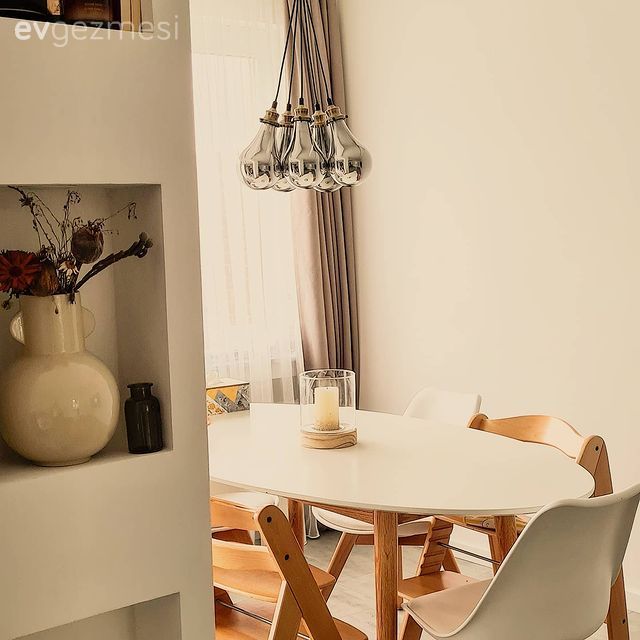 Salon, İskandinav, Sandalye, Yemek masası, Beyaz, Duvar Nişleri, Avize, Aydınlatma, Yemek odası avizesi